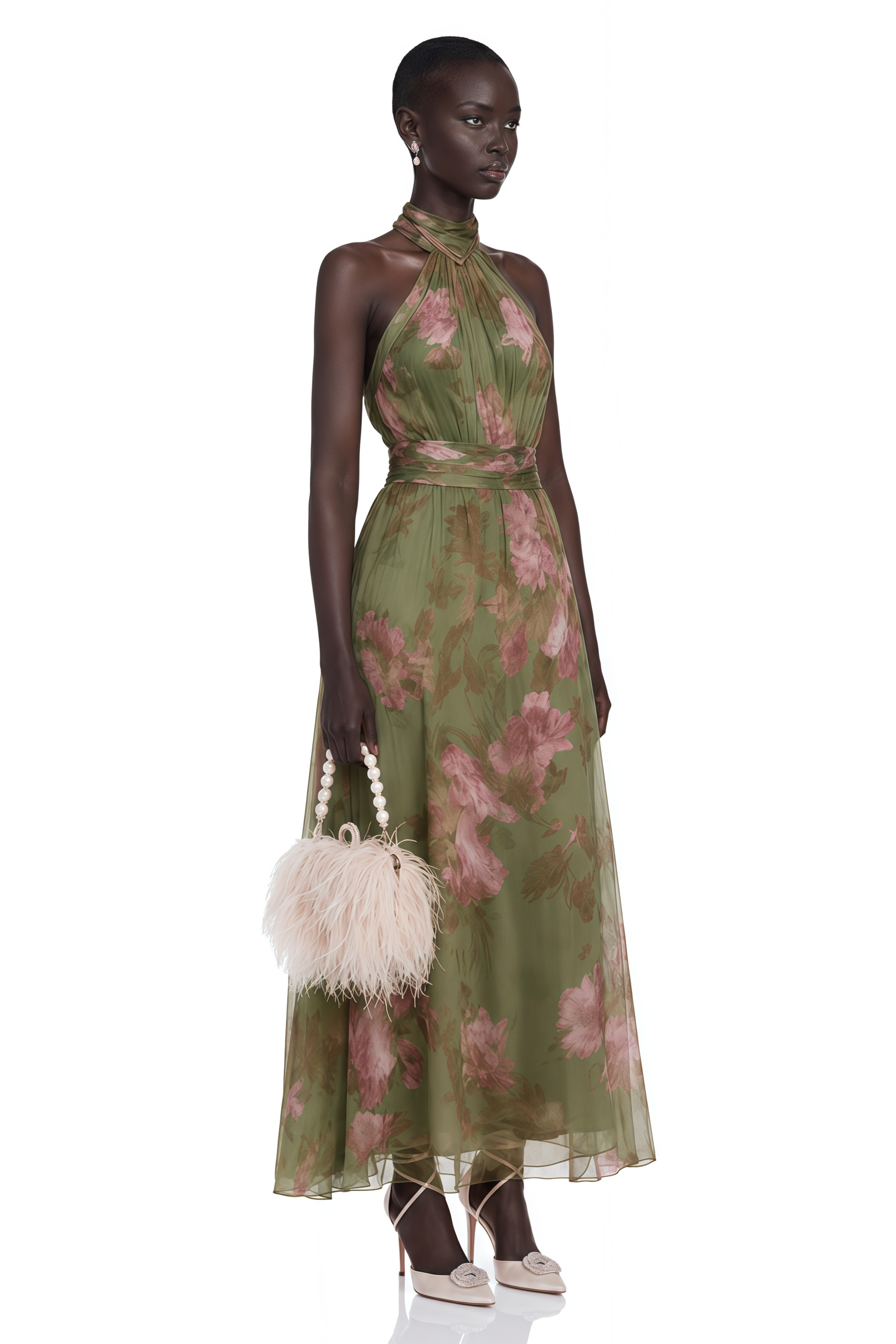 Robe longue à col montant froncé Ecem Green, imprimé floral