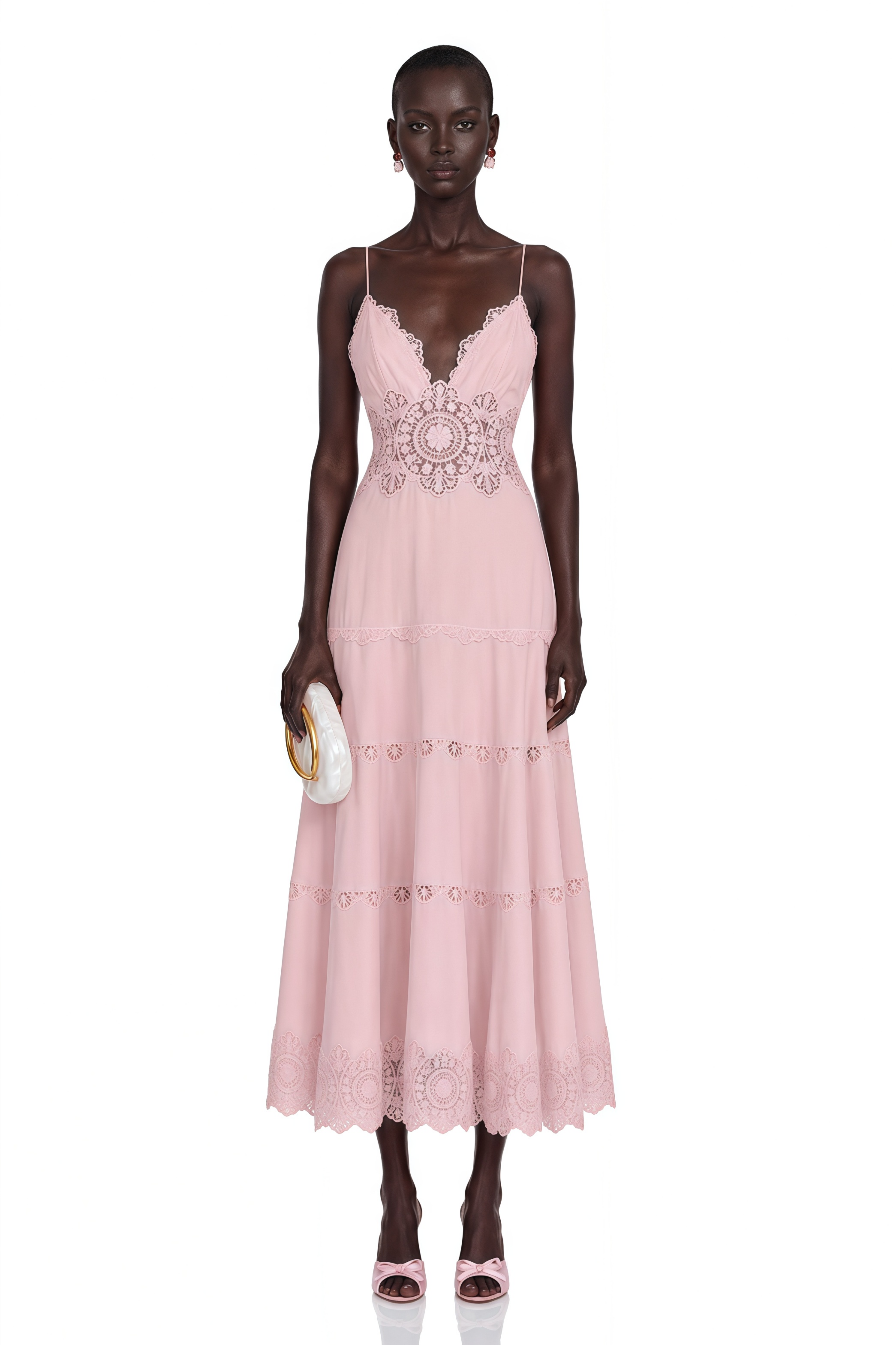 Ecrin Pink Tiered Midi Dress with Lace Panels