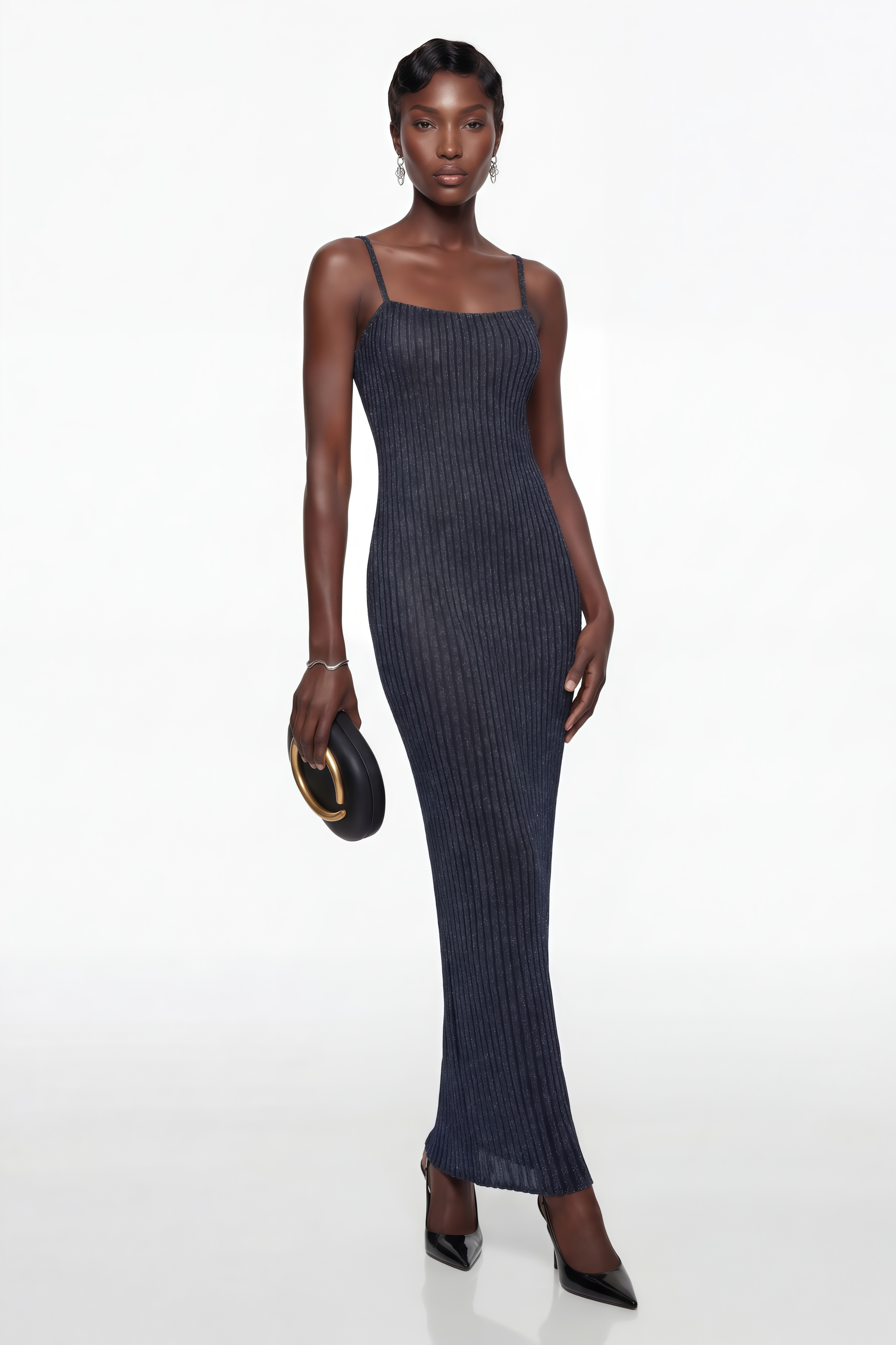 Eden Dunkelblau Metallic Strick-Maxikleid