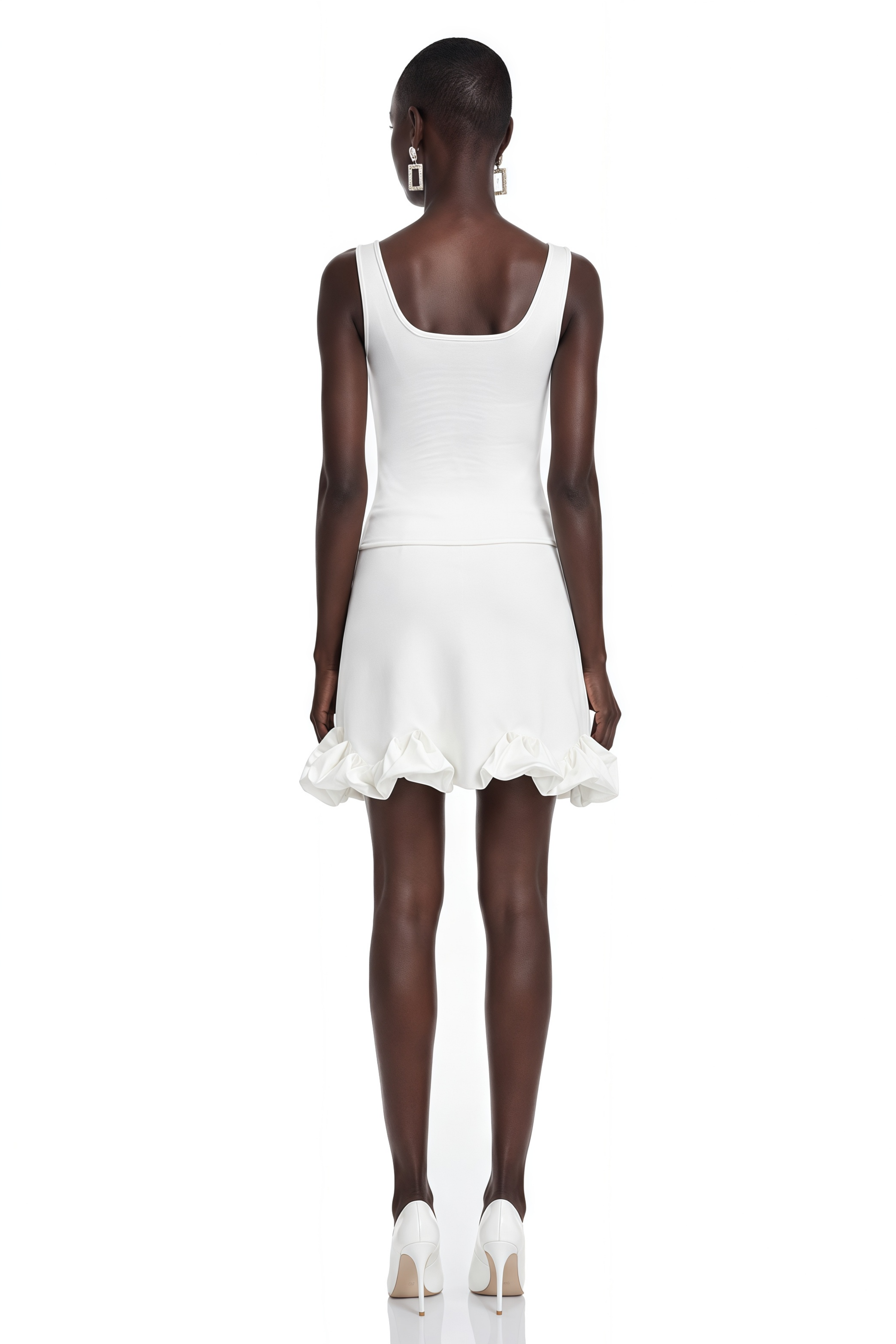 Edith White Round Neck Top & Skirt Set with Ruffled Trim
