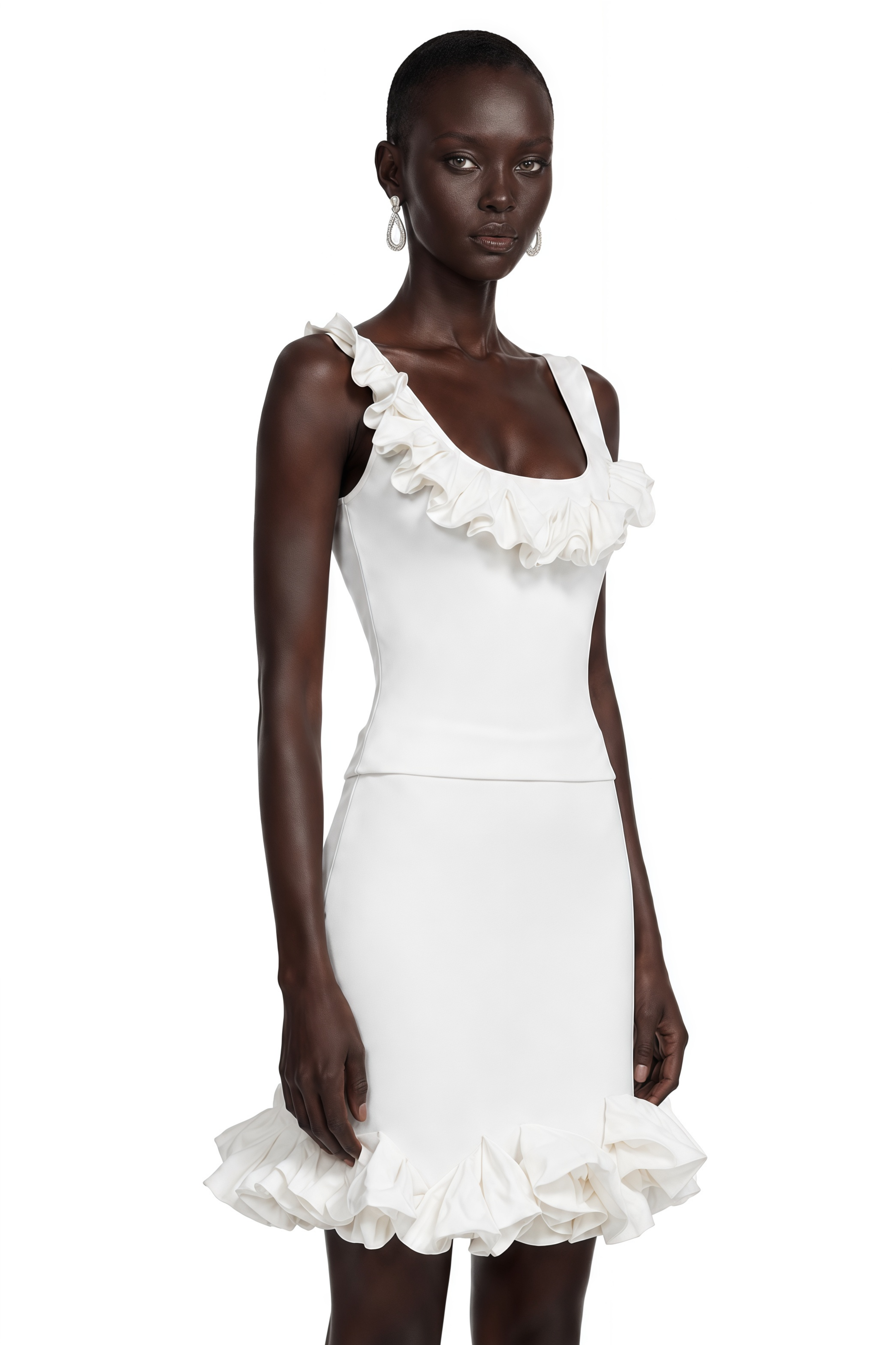 Edith White Round Neck Top & Skirt Set with Ruffled Trim