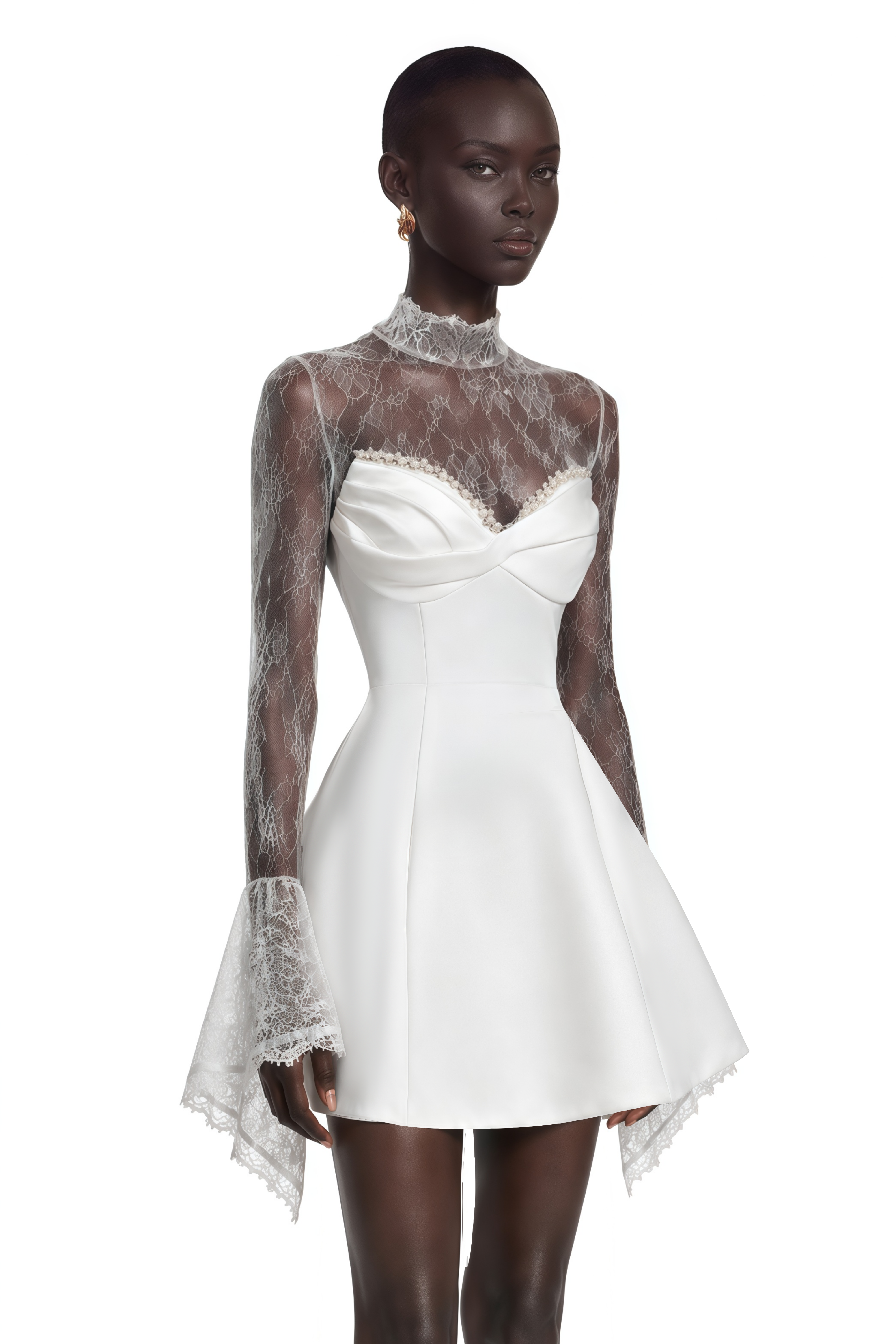 Eevi White Turtleneck Ruched Mini Dress with Lace Panels