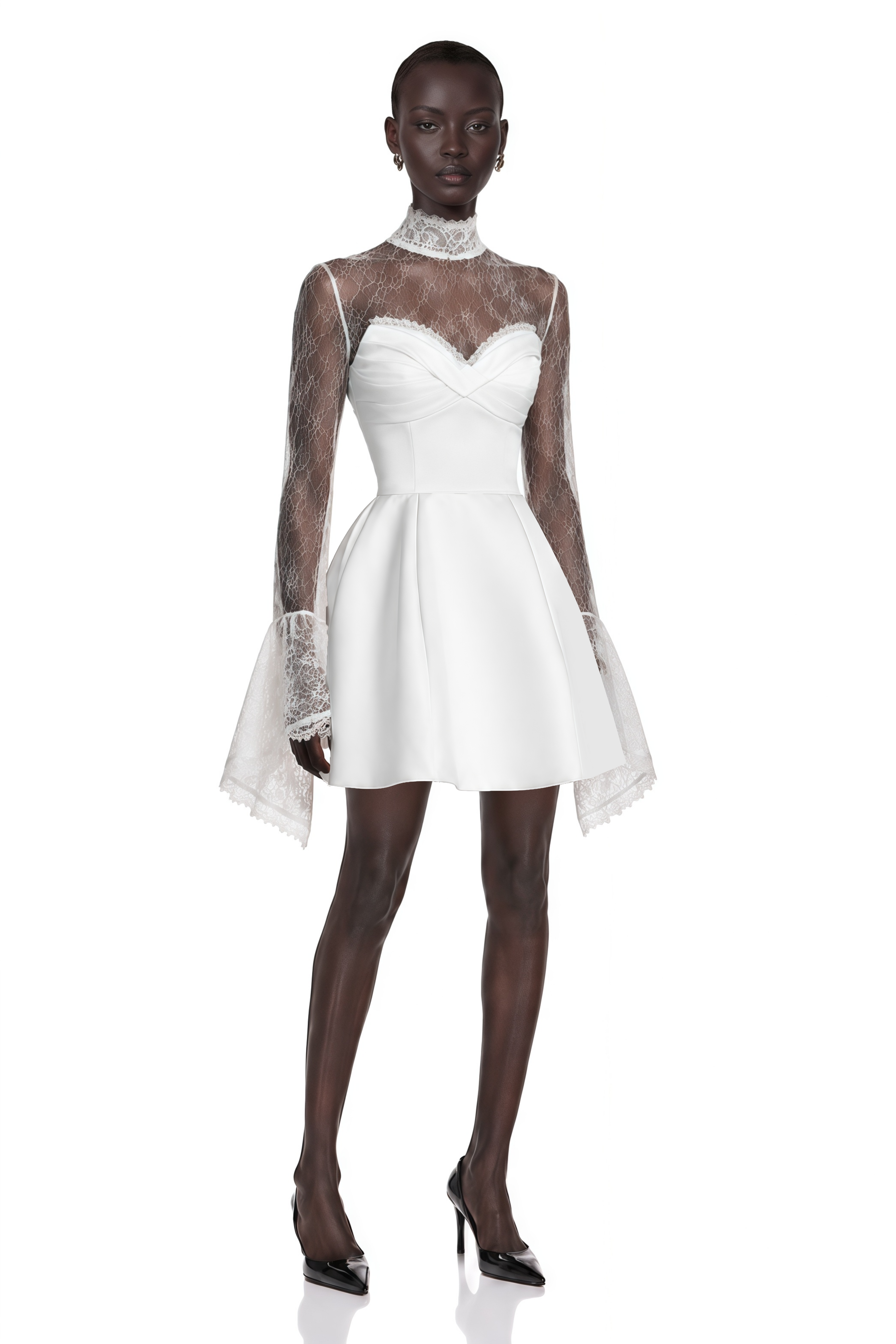 Eevi White Turtleneck Ruched Mini Dress with Lace Panels