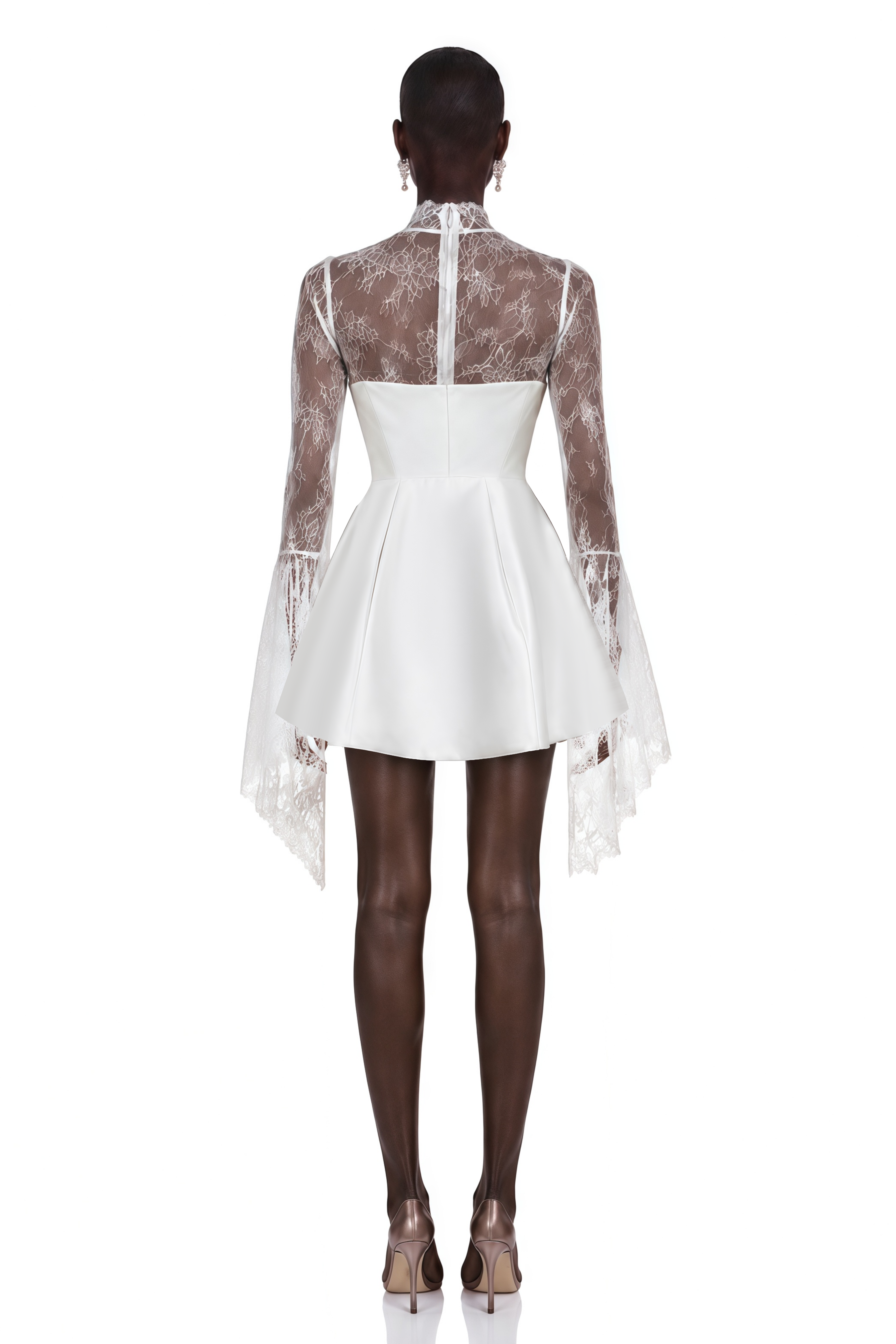 Eevi White Turtleneck Ruched Mini Dress with Lace Panels