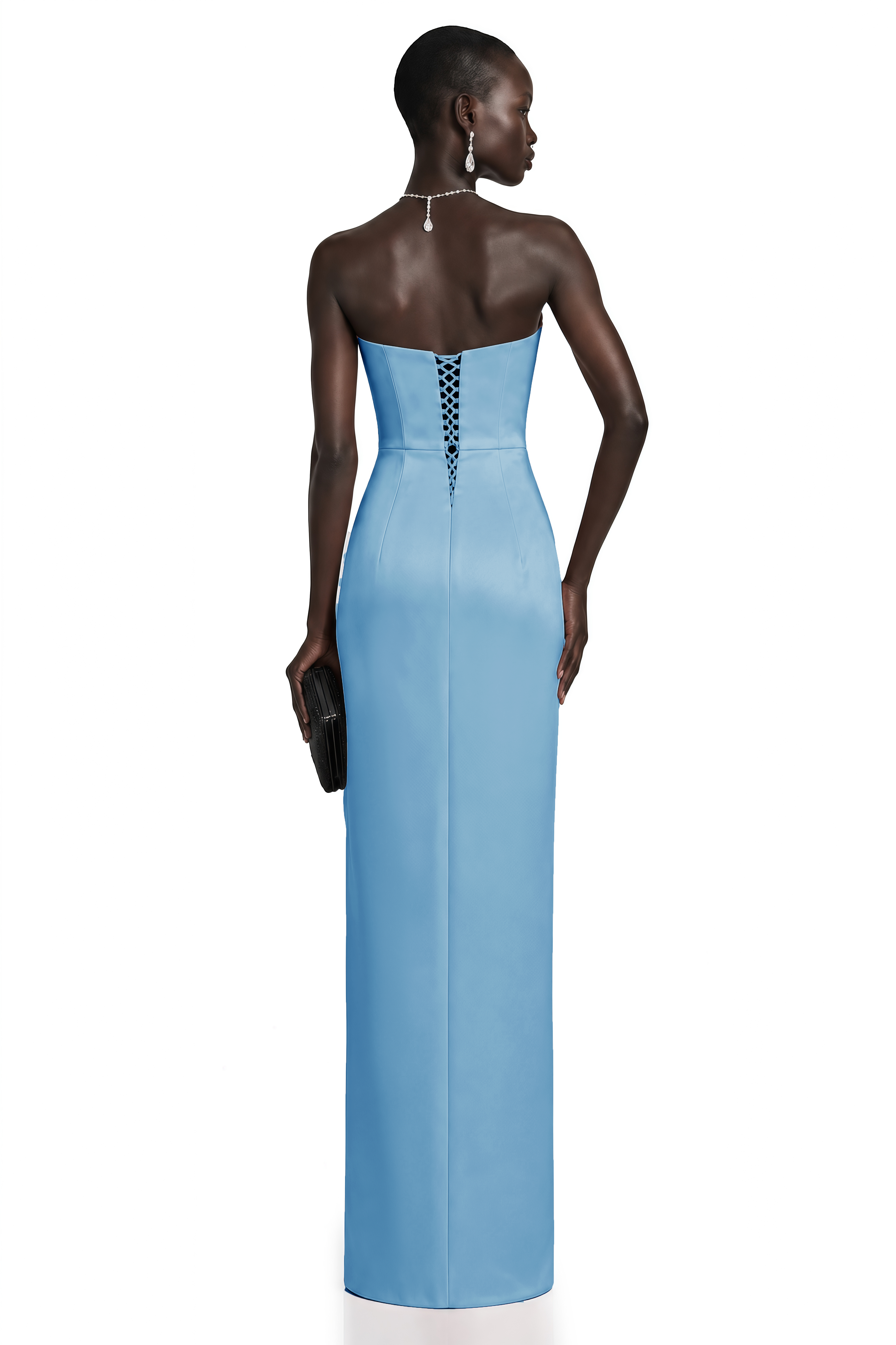 Efsun Blue Off Shoulder Satin Maxi Dress