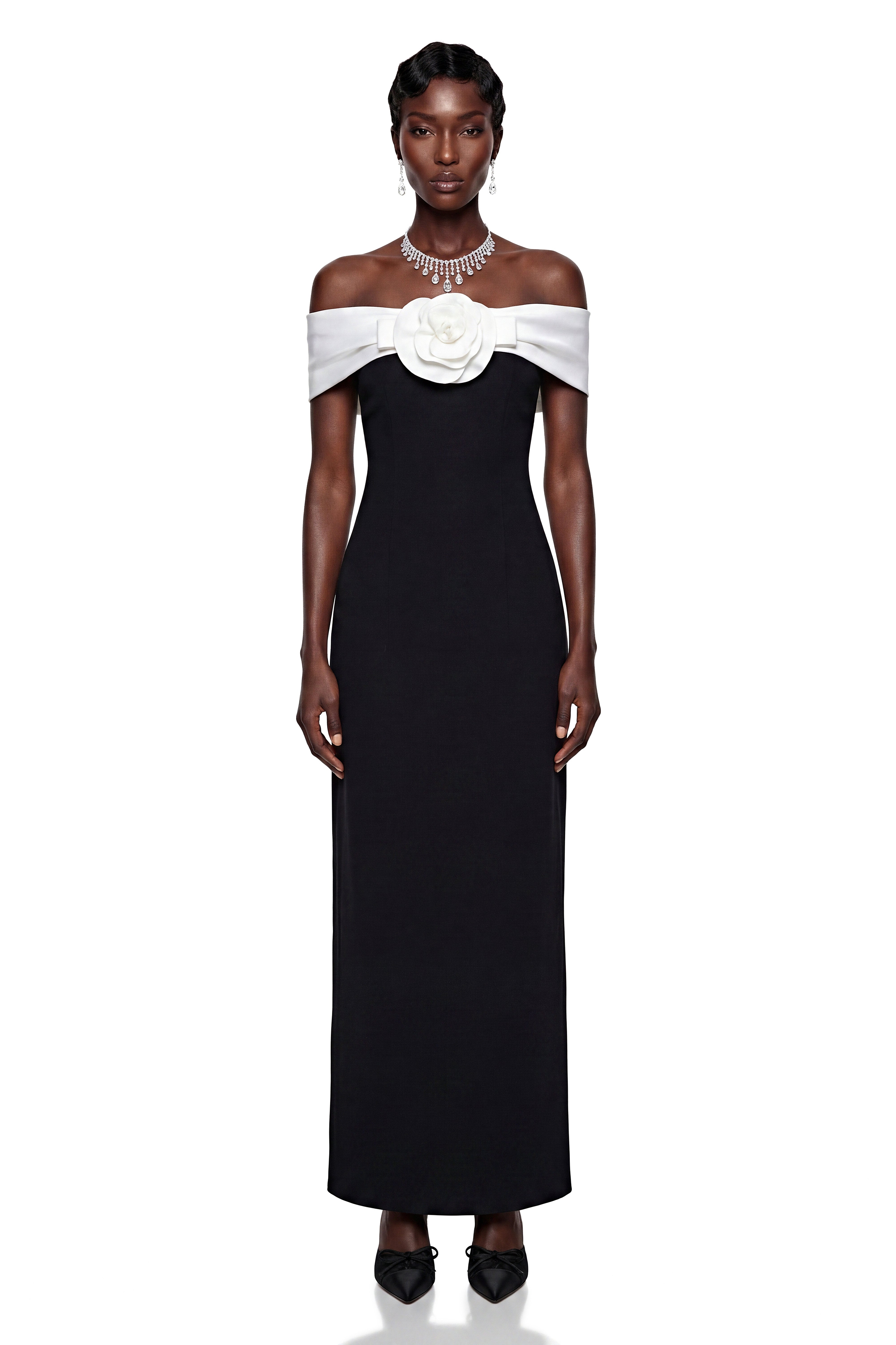Ehteram Black Color Block Maxi Dress with 3D Petals