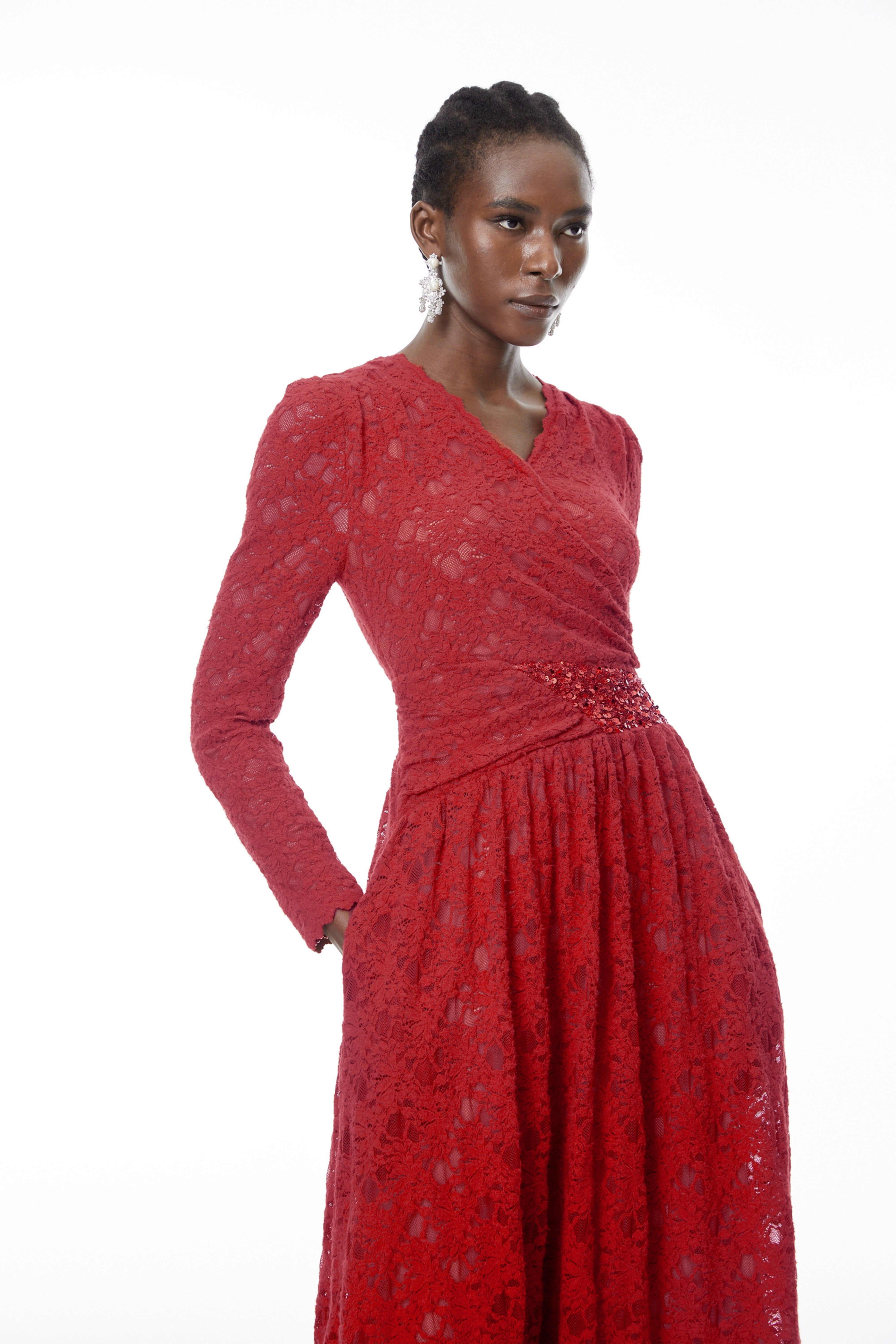 Eirlys Red Floral Lace Midi Dress with Embellishment