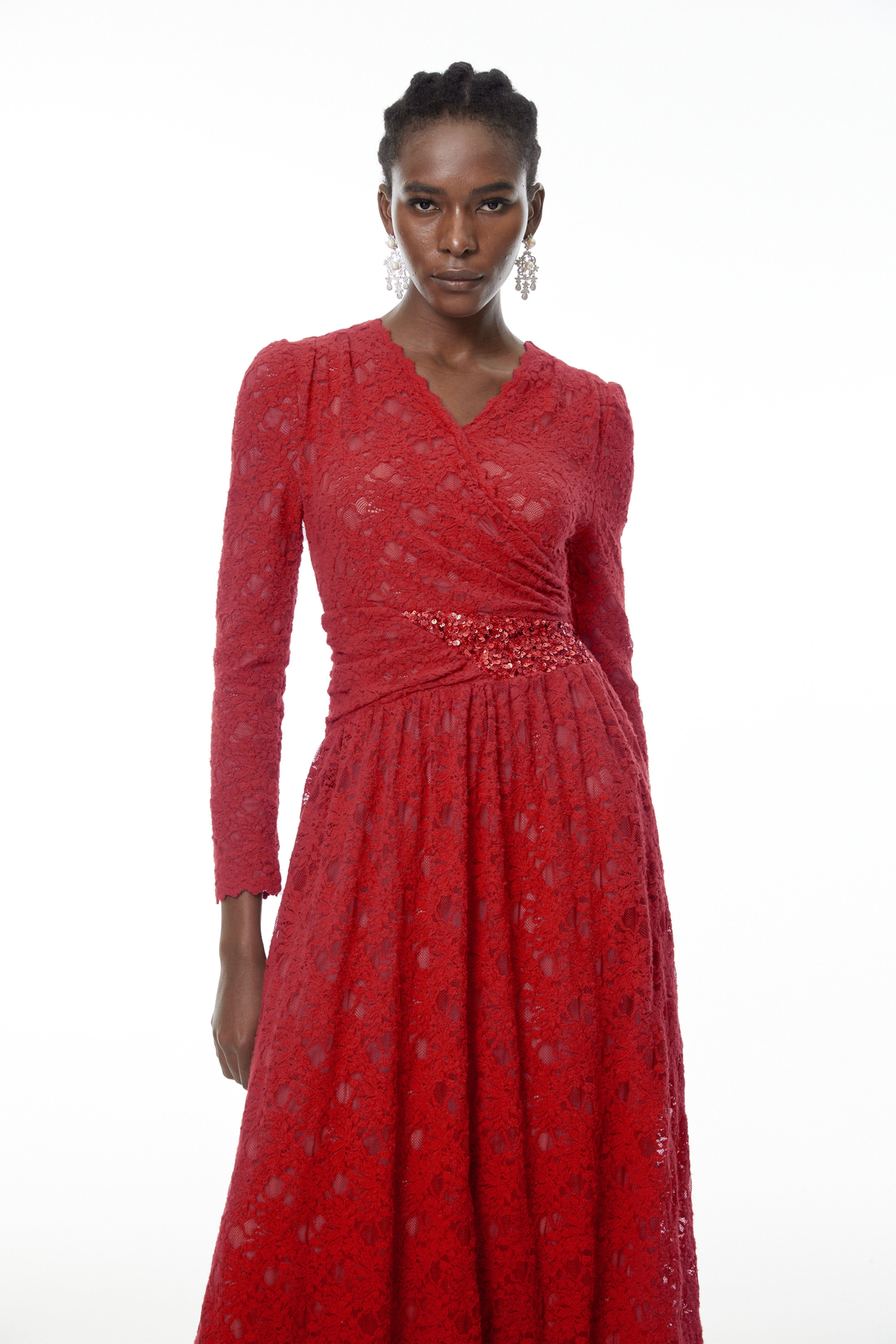 Eirlys Red Floral Lace Midi Dress with Embellishment