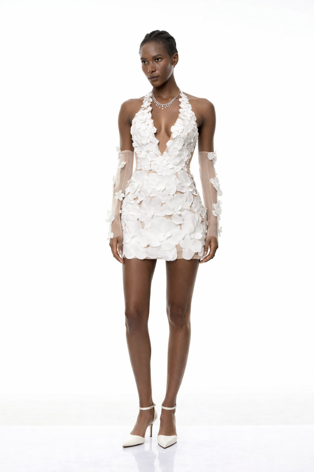 Elara White Halterneck 3D Petal Mini Dress