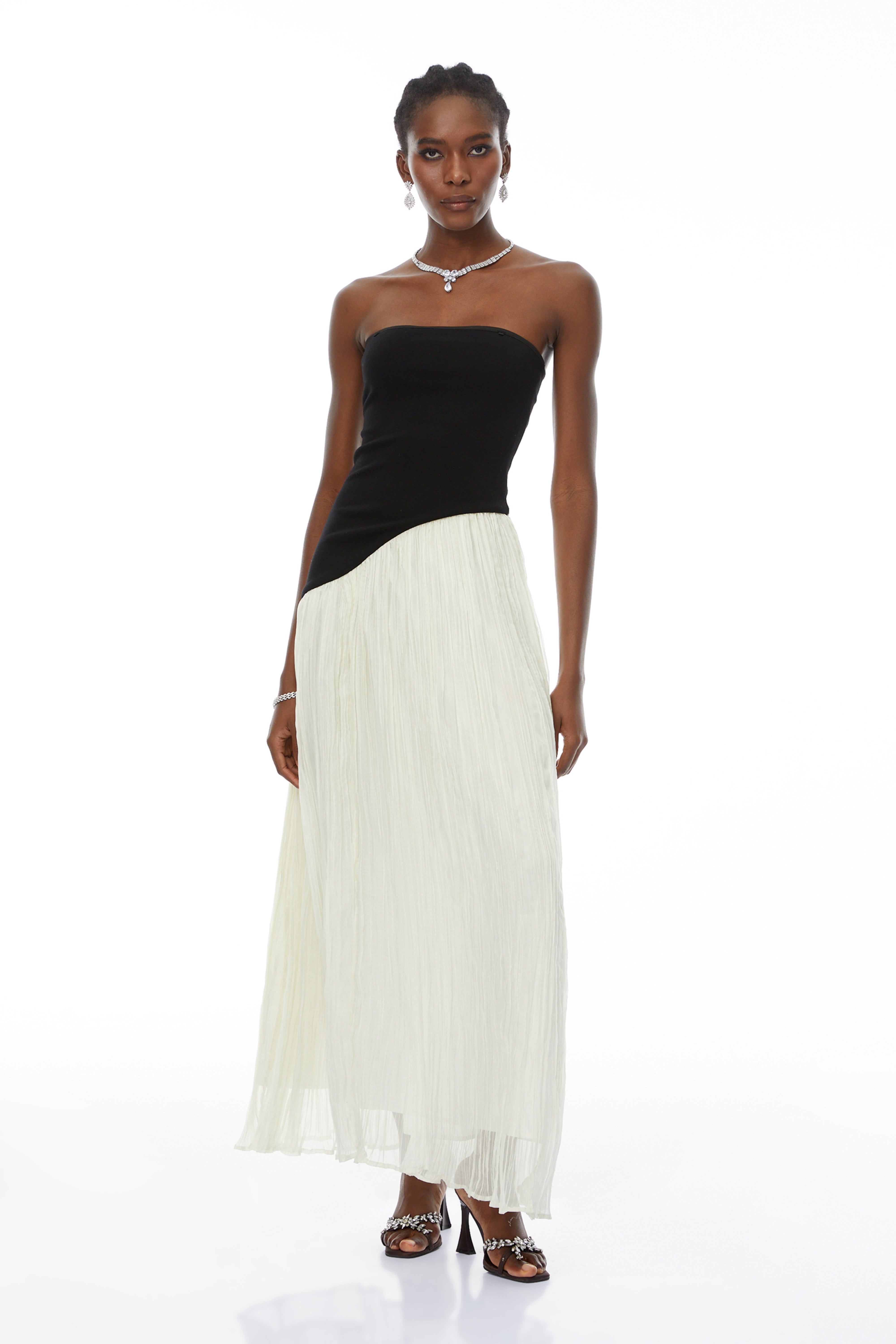 Eléonore Contrast-Color Tulle Panel Maxi Dress
