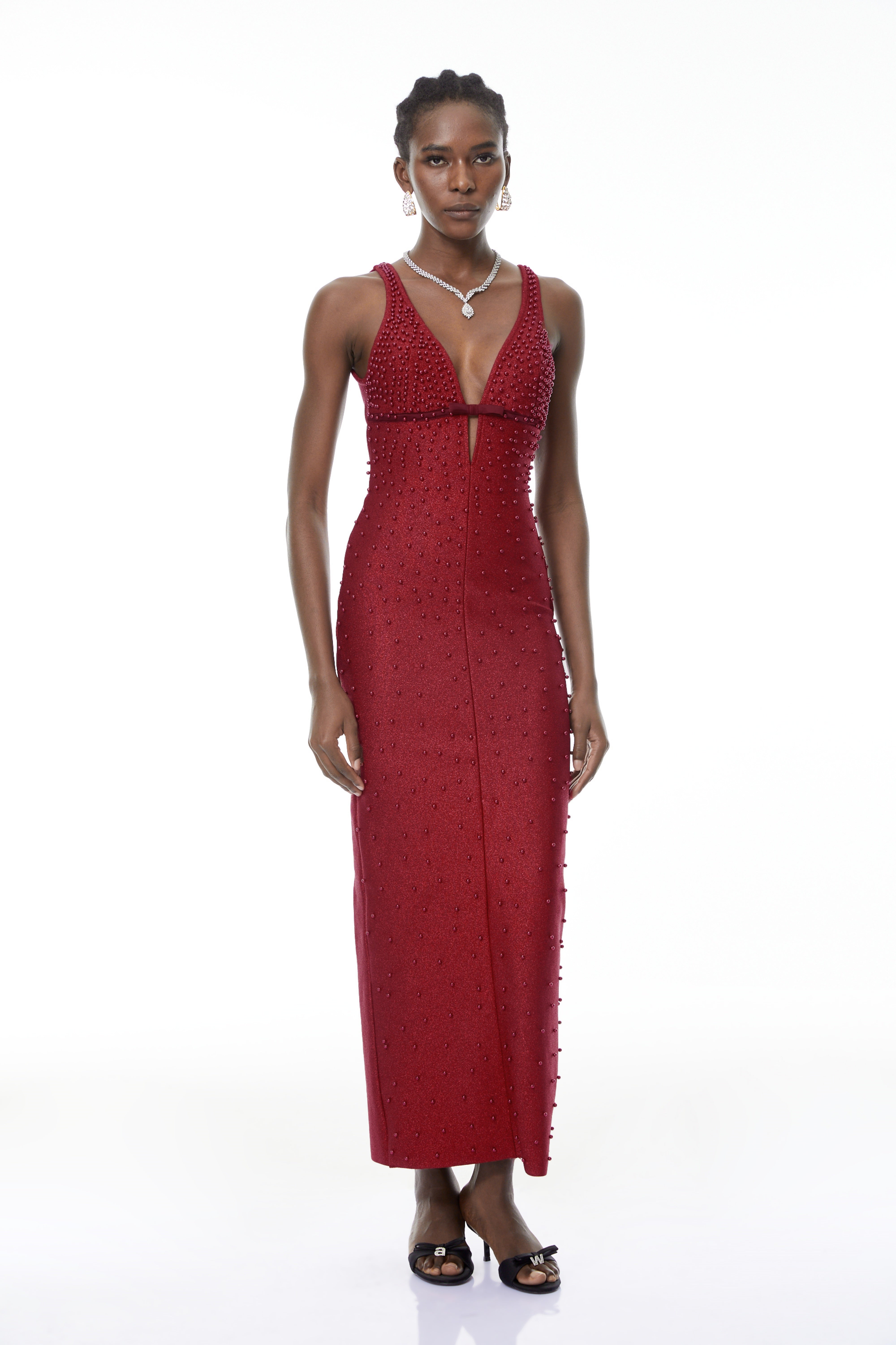 Eliana Red Bandage Maxi Dress with Pearls