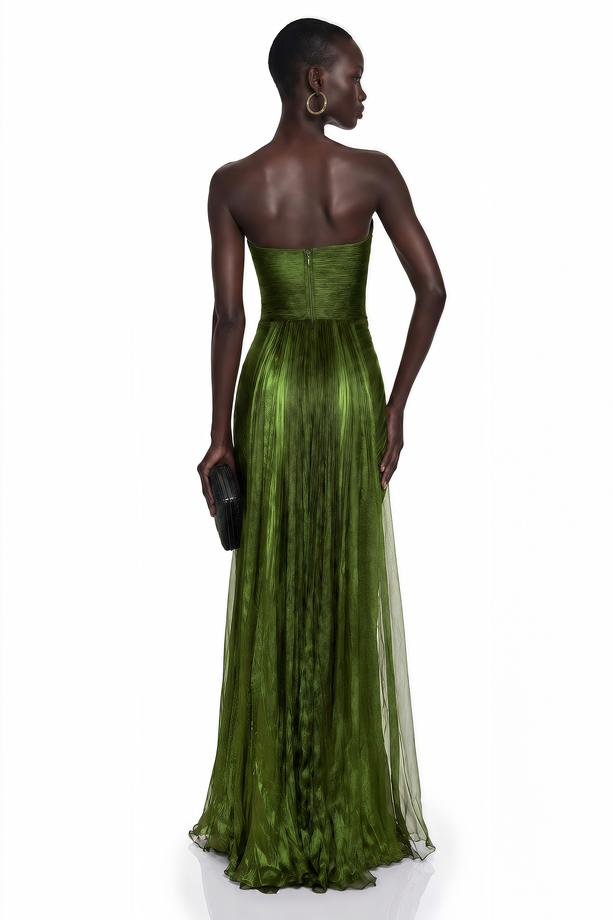 Olive green strapless gown with a metallic finish and draped pleat detailing