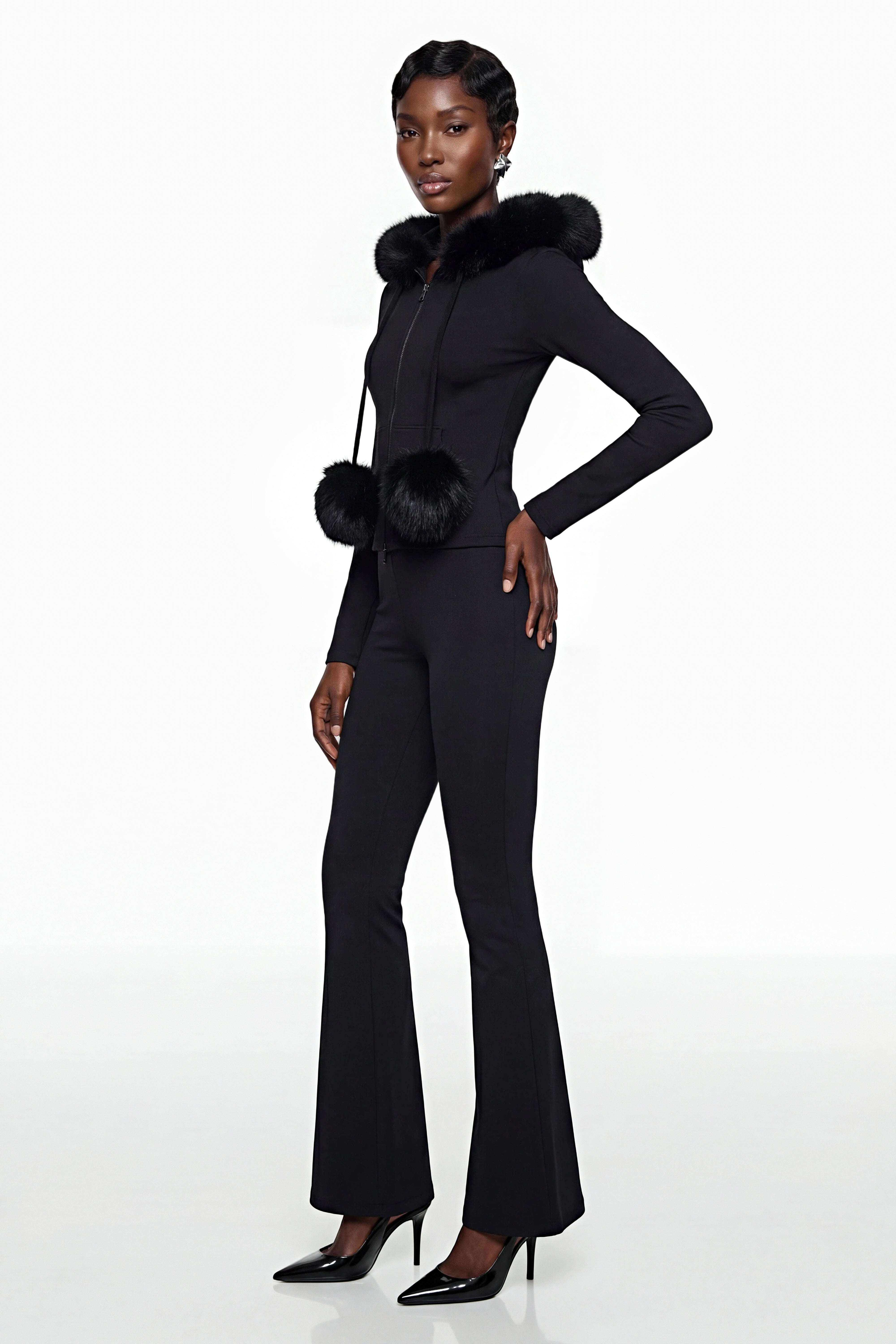 Elize Black Hoodie Jacket & Flared Trouser Set