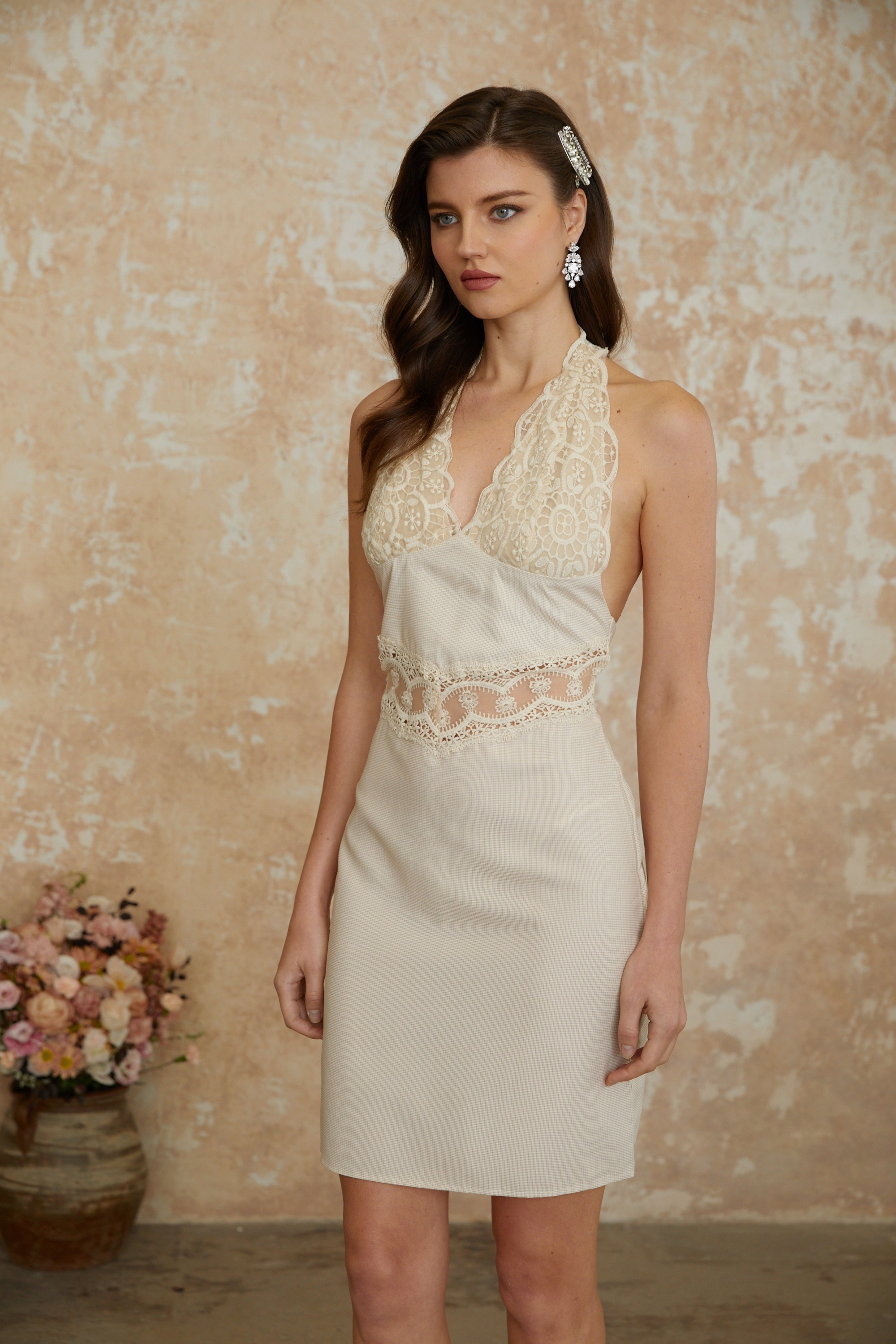 Ella Neutral Halterneck Lace Panel Mini Dress