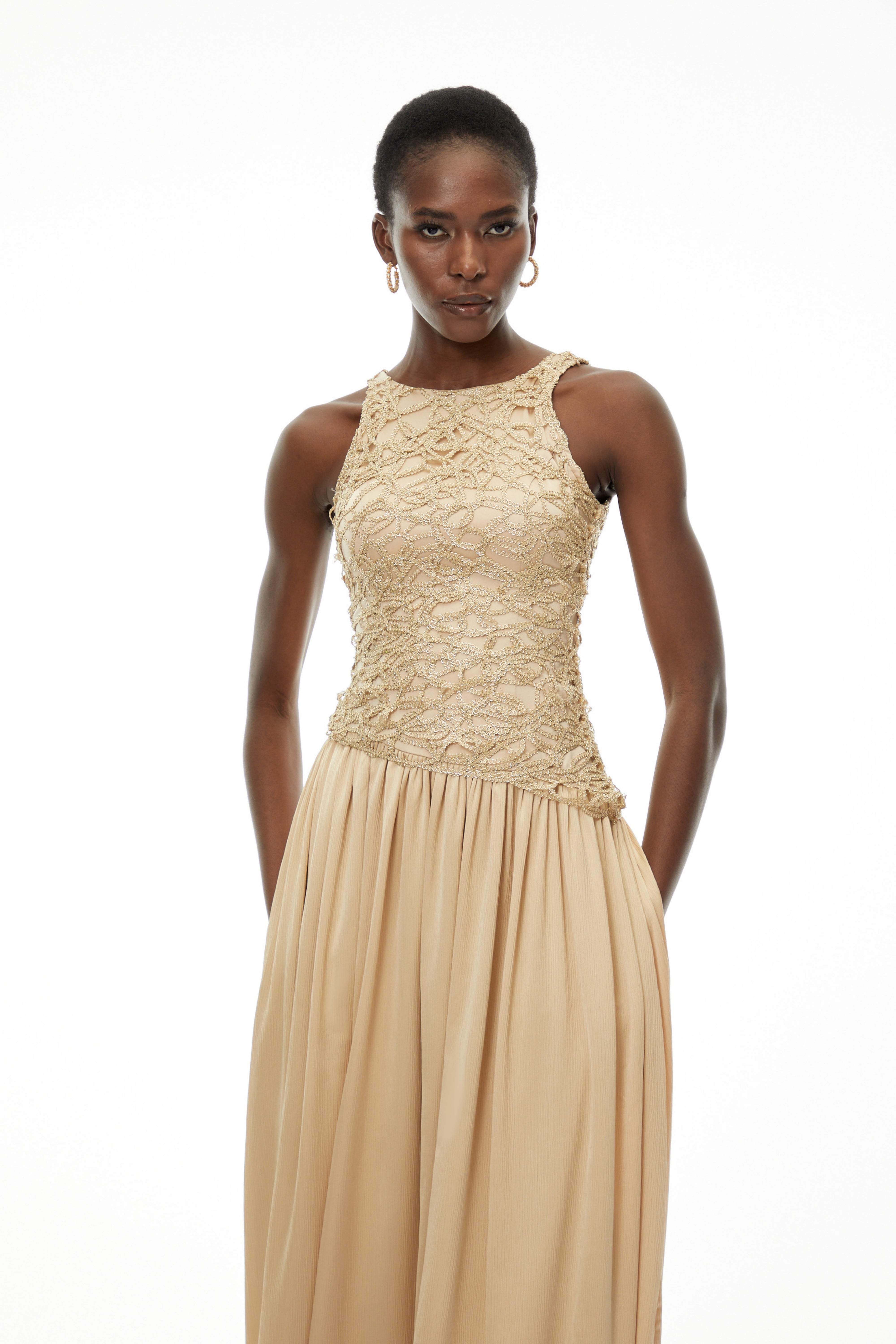 Ellie Champagne Round Neck Sleeveless Maxi Dress