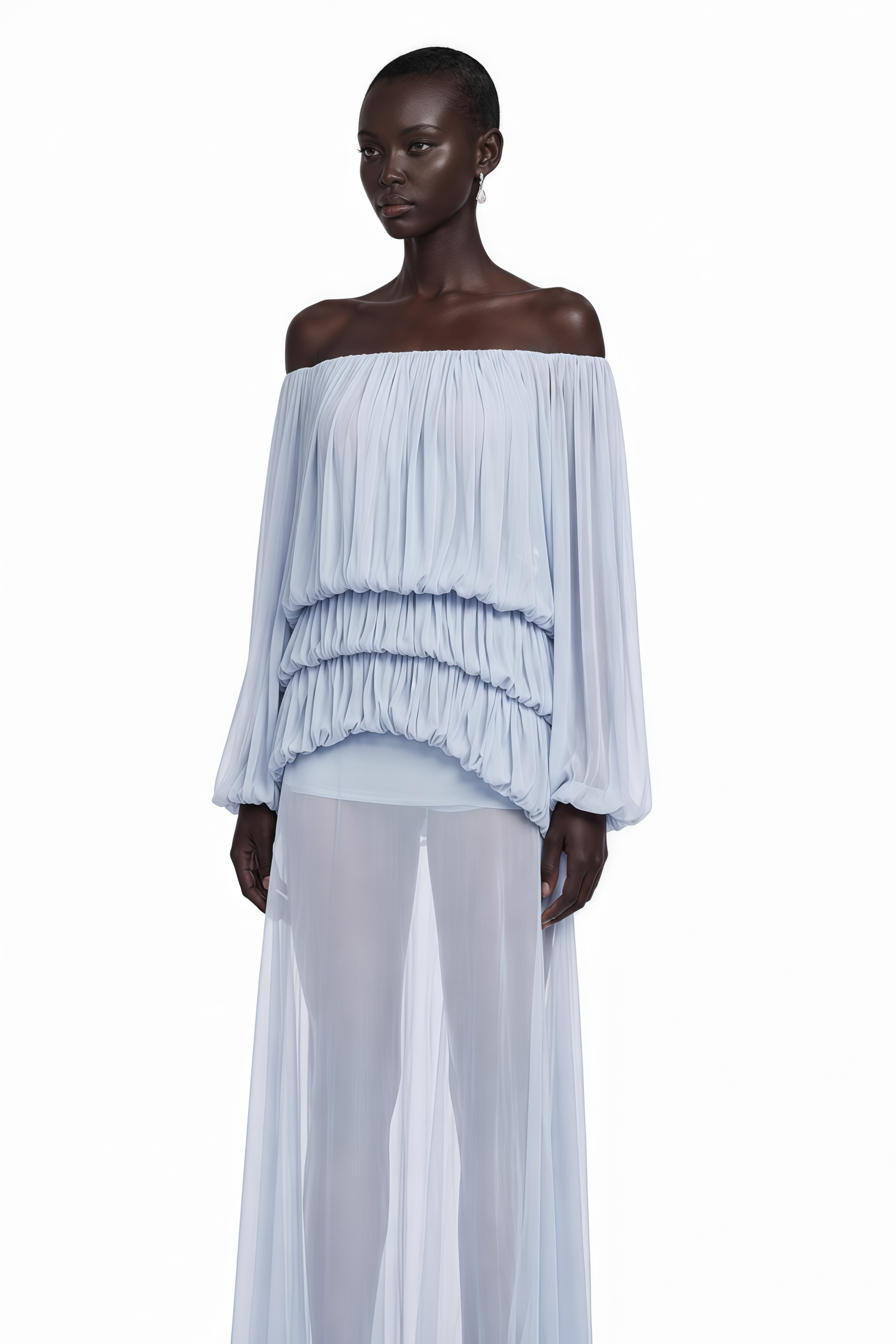 Elodie Blue Off Shoulder Pleated Chiffon Top & Skirt Set