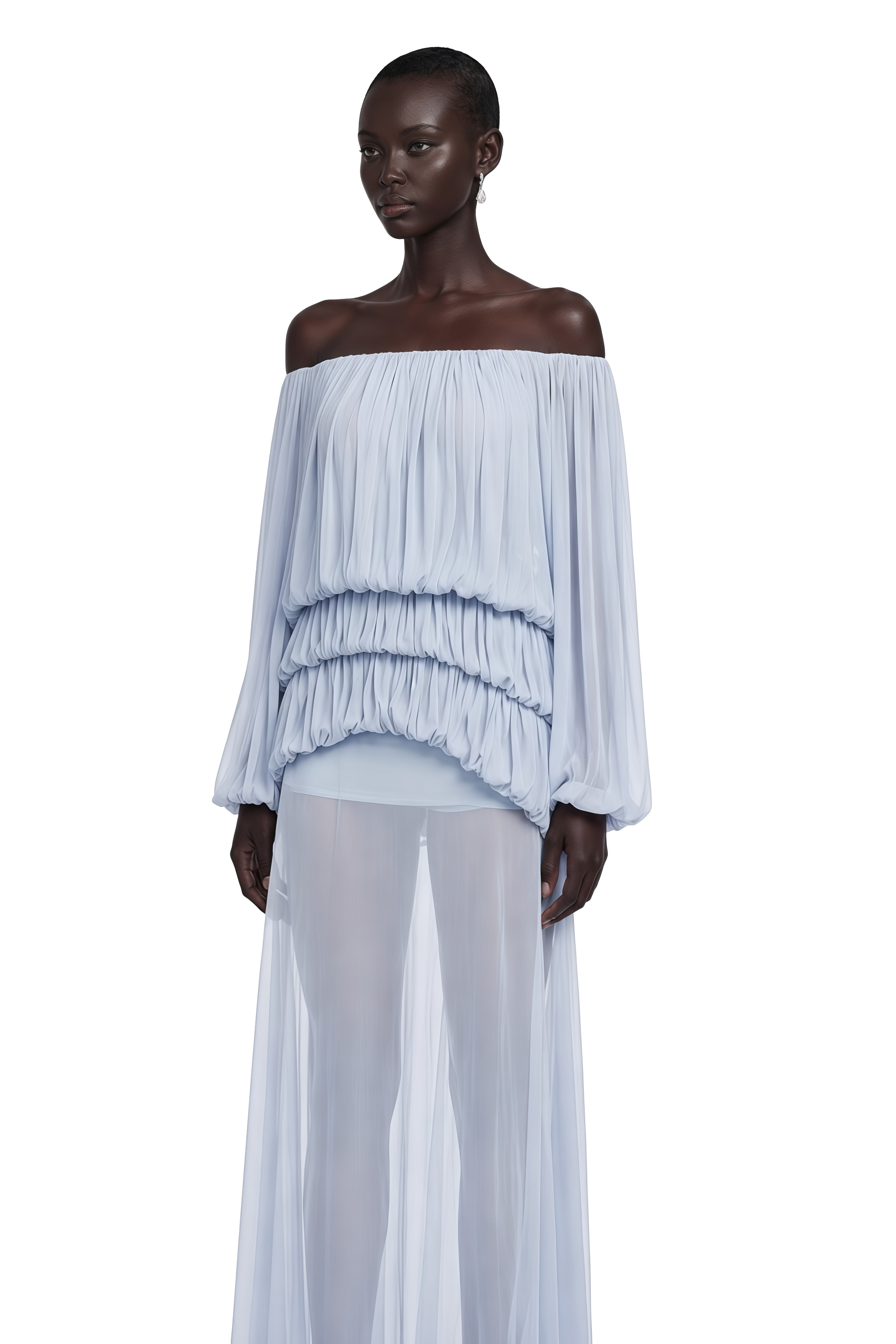 Elodie Blue Off Shoulder Pleated Chiffon Top & Skirt Set