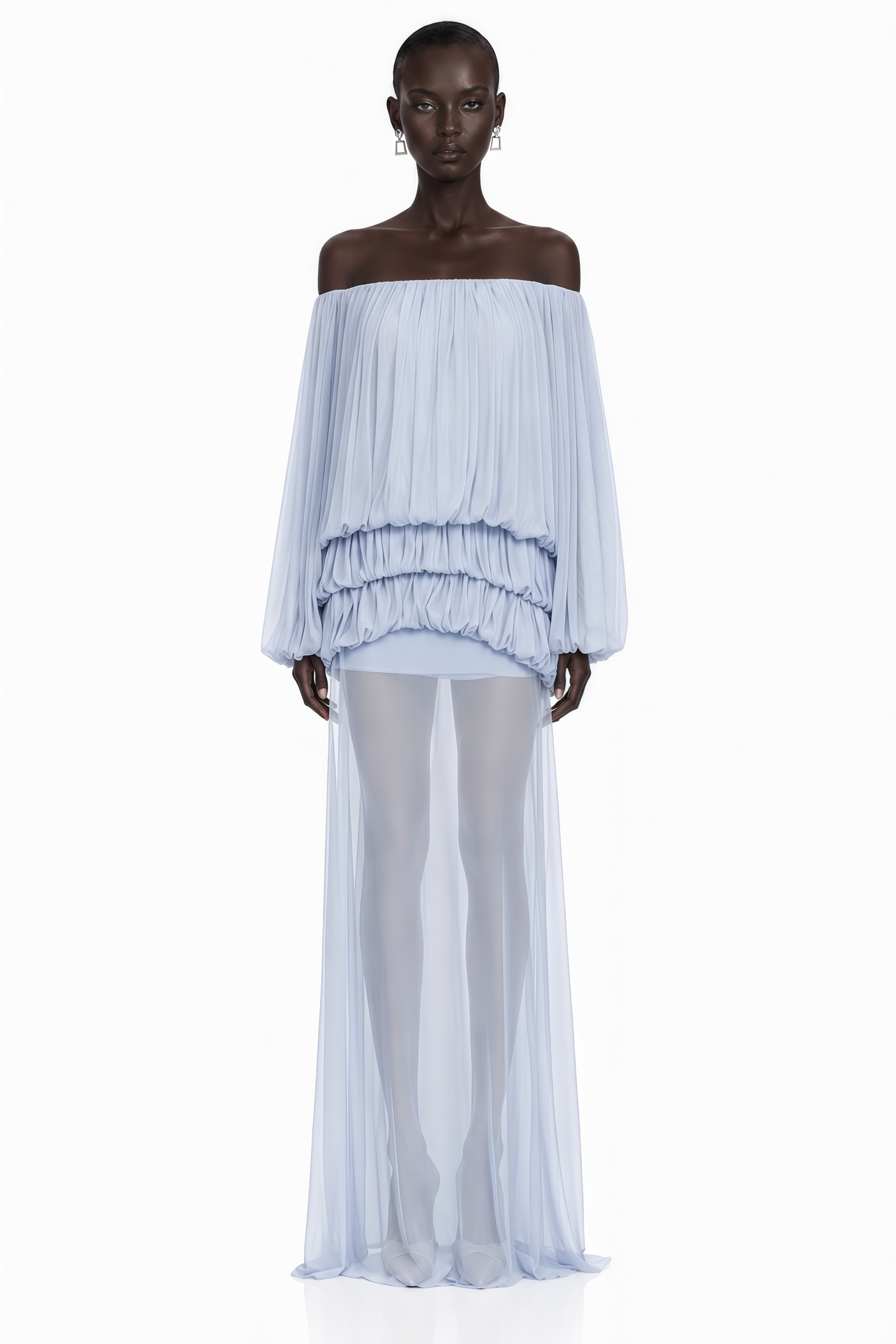 Elodie Blue Off Shoulder Pleated Chiffon Top & Skirt Set