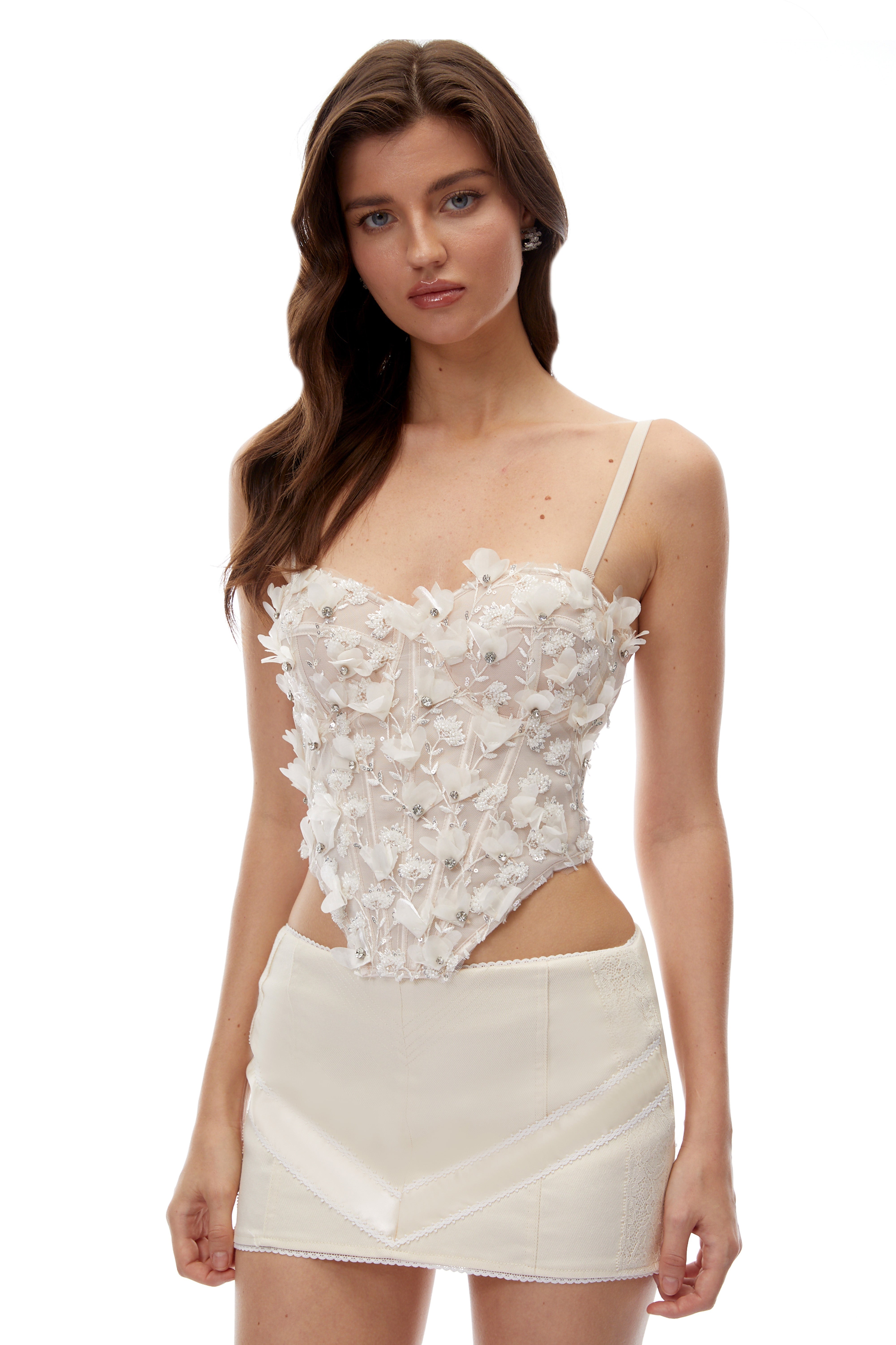 Elodie White Sequin Bustier Top with 3D Florals