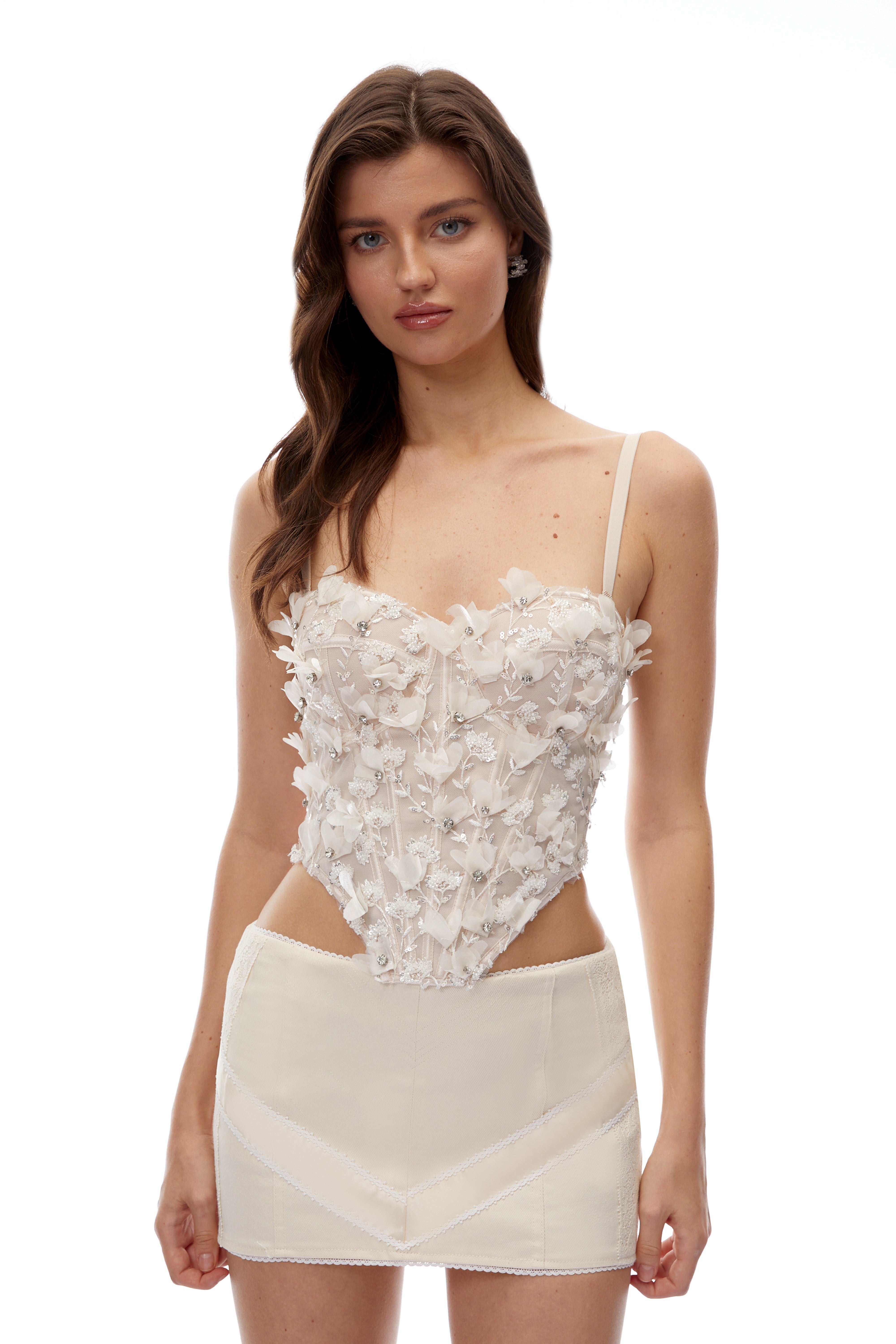 Elodie White Sequin Bustier Top with 3D Florals