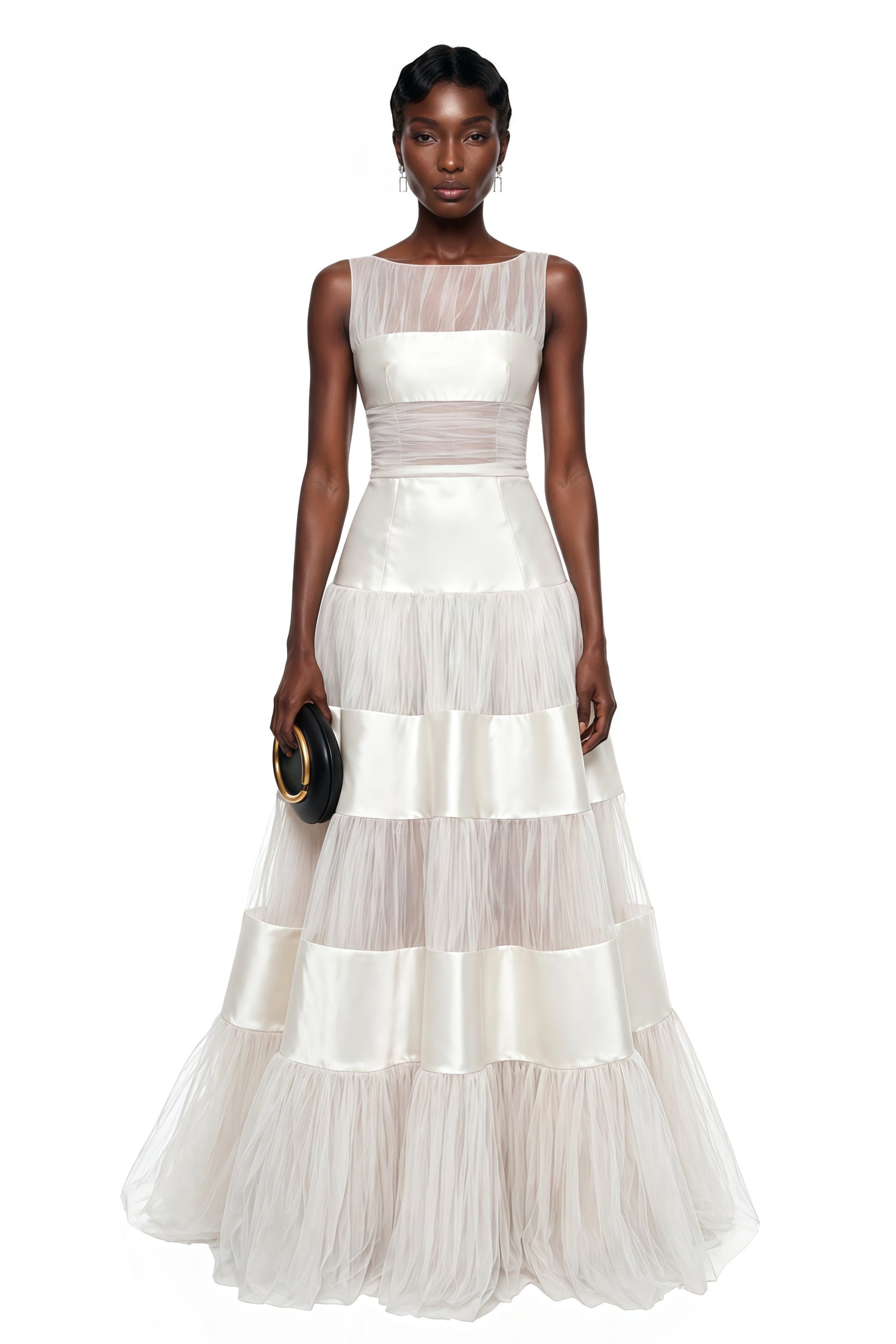 Eloise White Mesh Panel Maxi Dress with Satin Stripes Eloise White Mesh Panel Maxi Dress with Satin Stripes