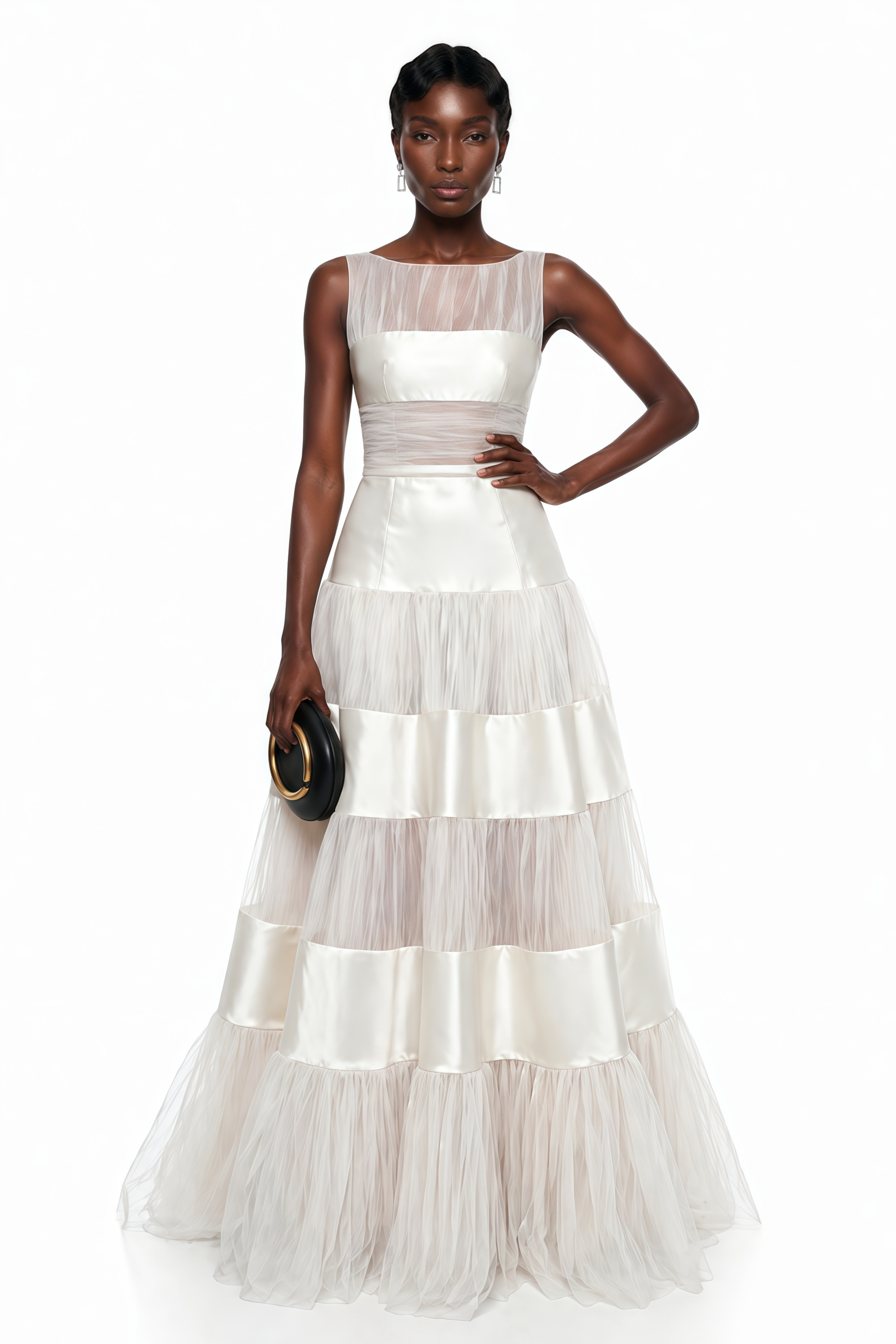 Eloise White Mesh Panel Maxi Dress with Satin Stripes