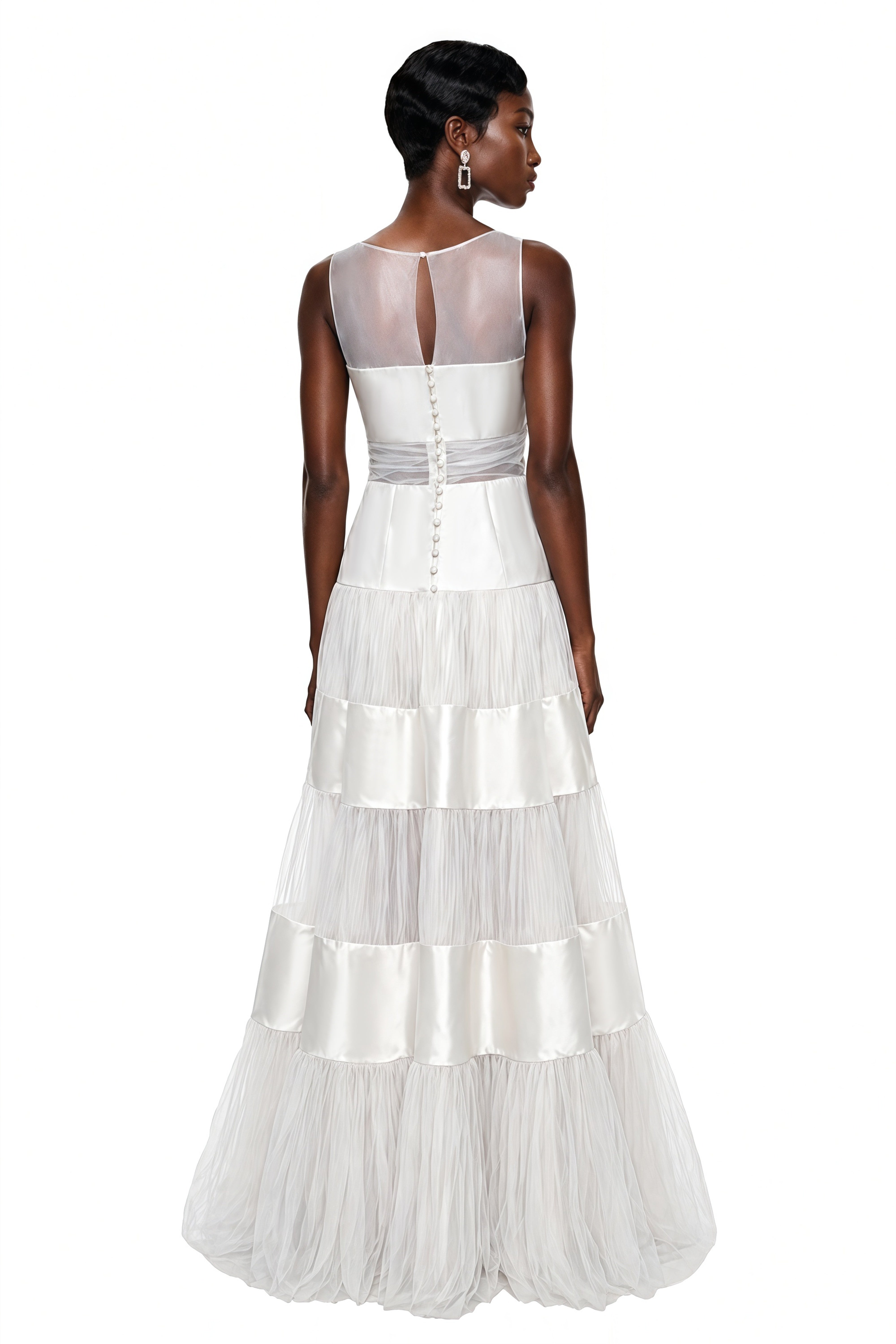 Eloise White Mesh Panel Maxi Dress with Satin Stripes