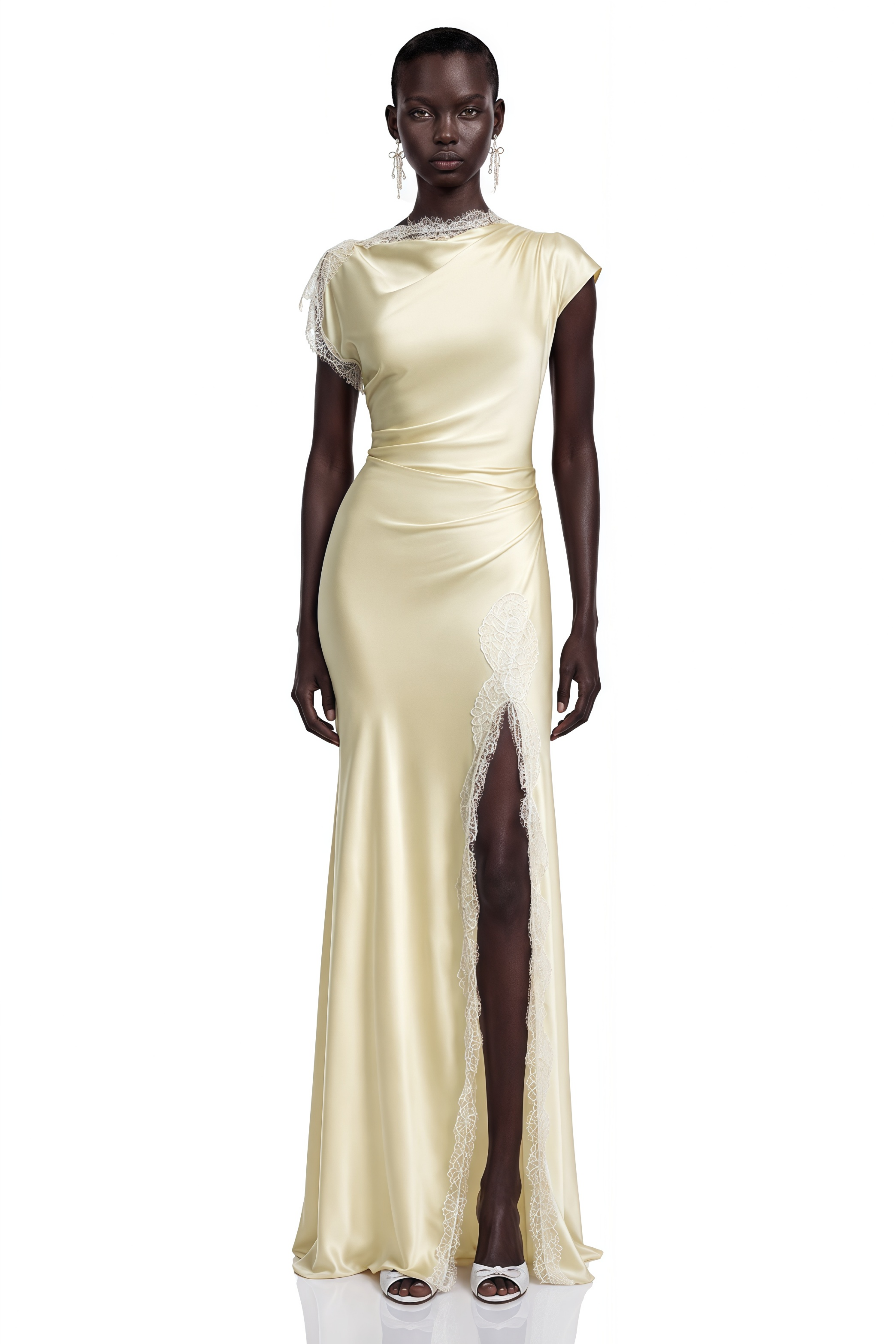 Elowen Yellow Satin Maxi Dress with Lace Trim and Slit