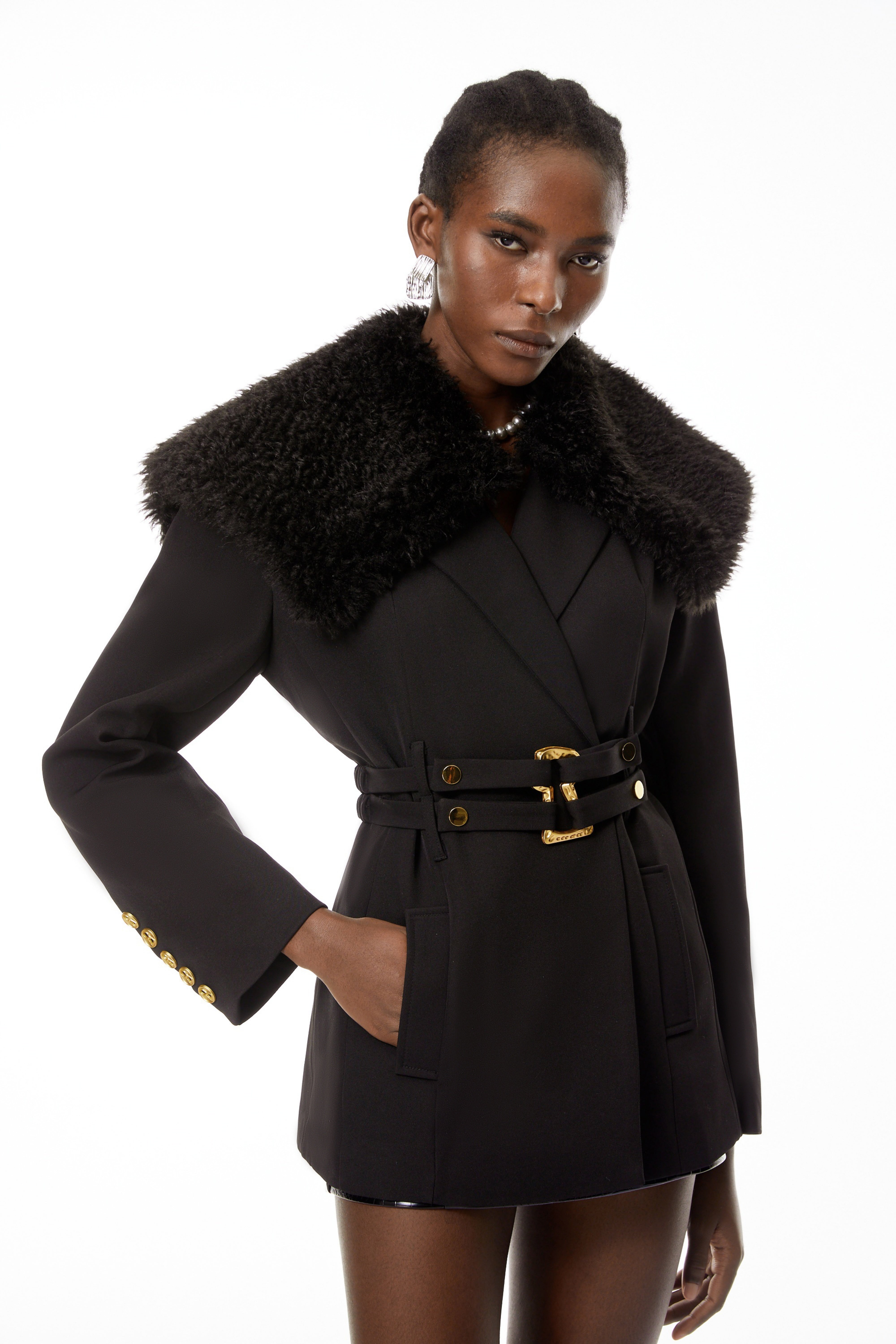 Elsa Black Fur Lapel Blazer With Belt