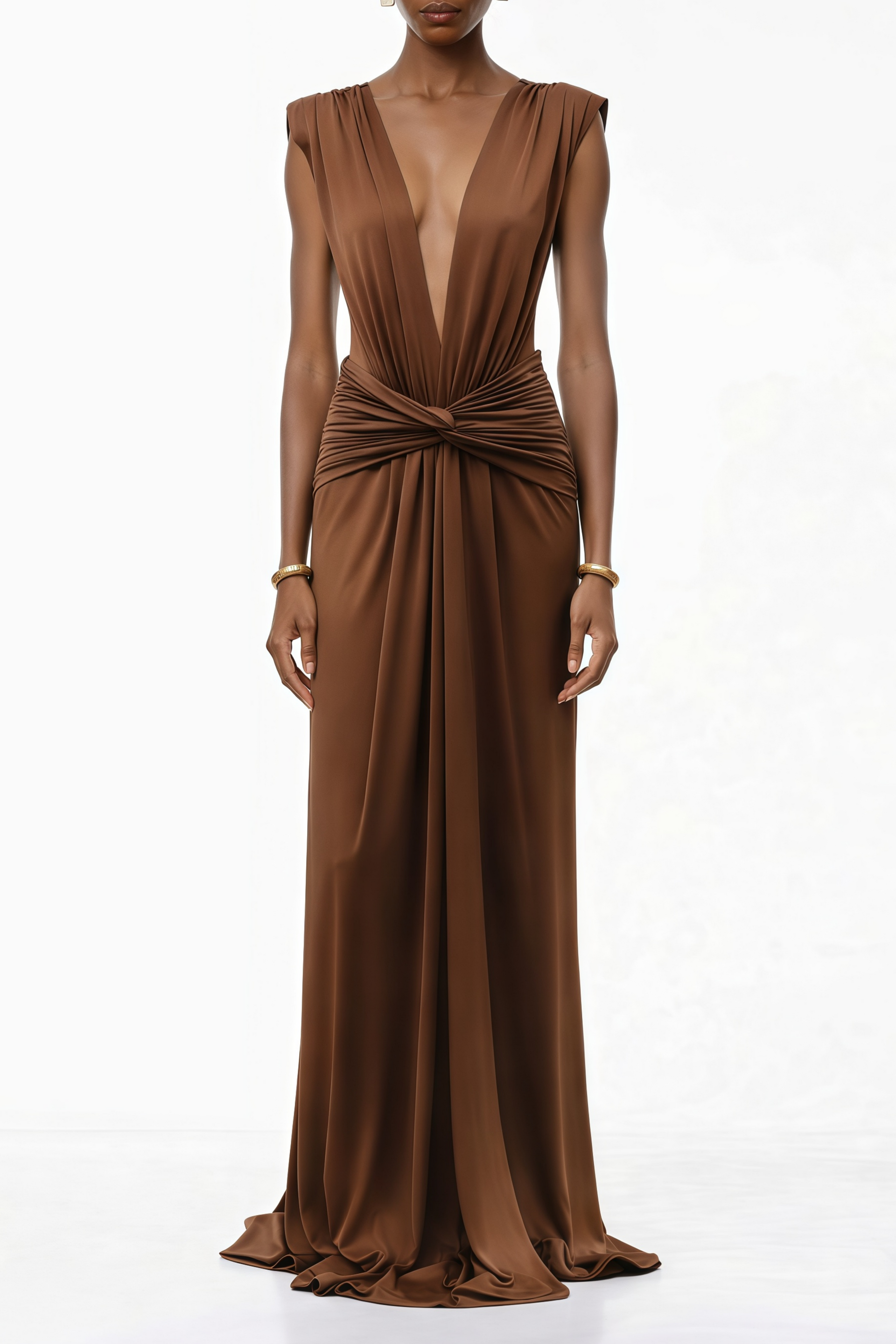 Else Brown Deep V-Neck Twisted Maxi Dress - S / Brown Else Brown Deep V-Neck Twisted Maxi Dress - S / Brown