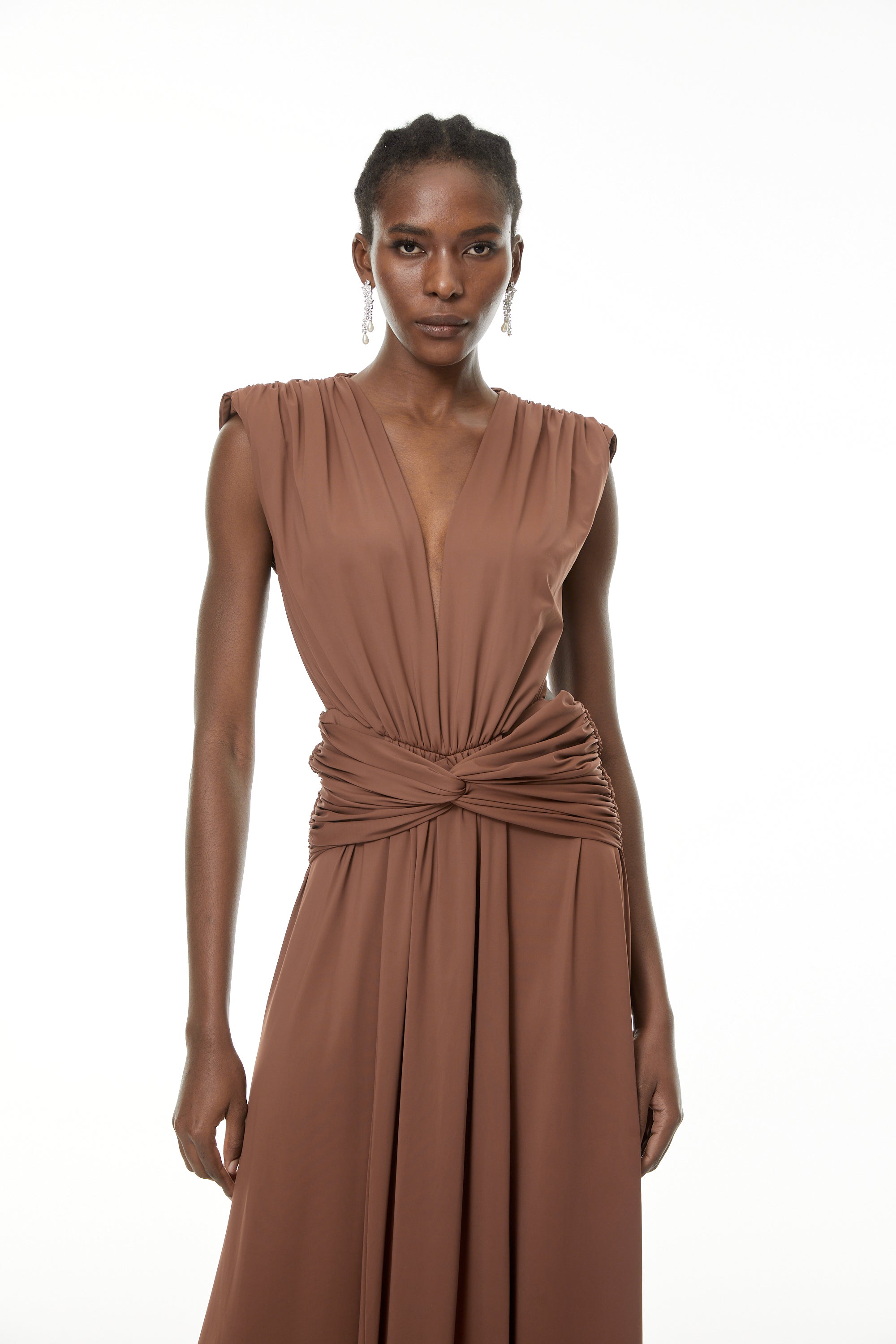 Else Brown Deep V-Neck Twisted Maxi Dress