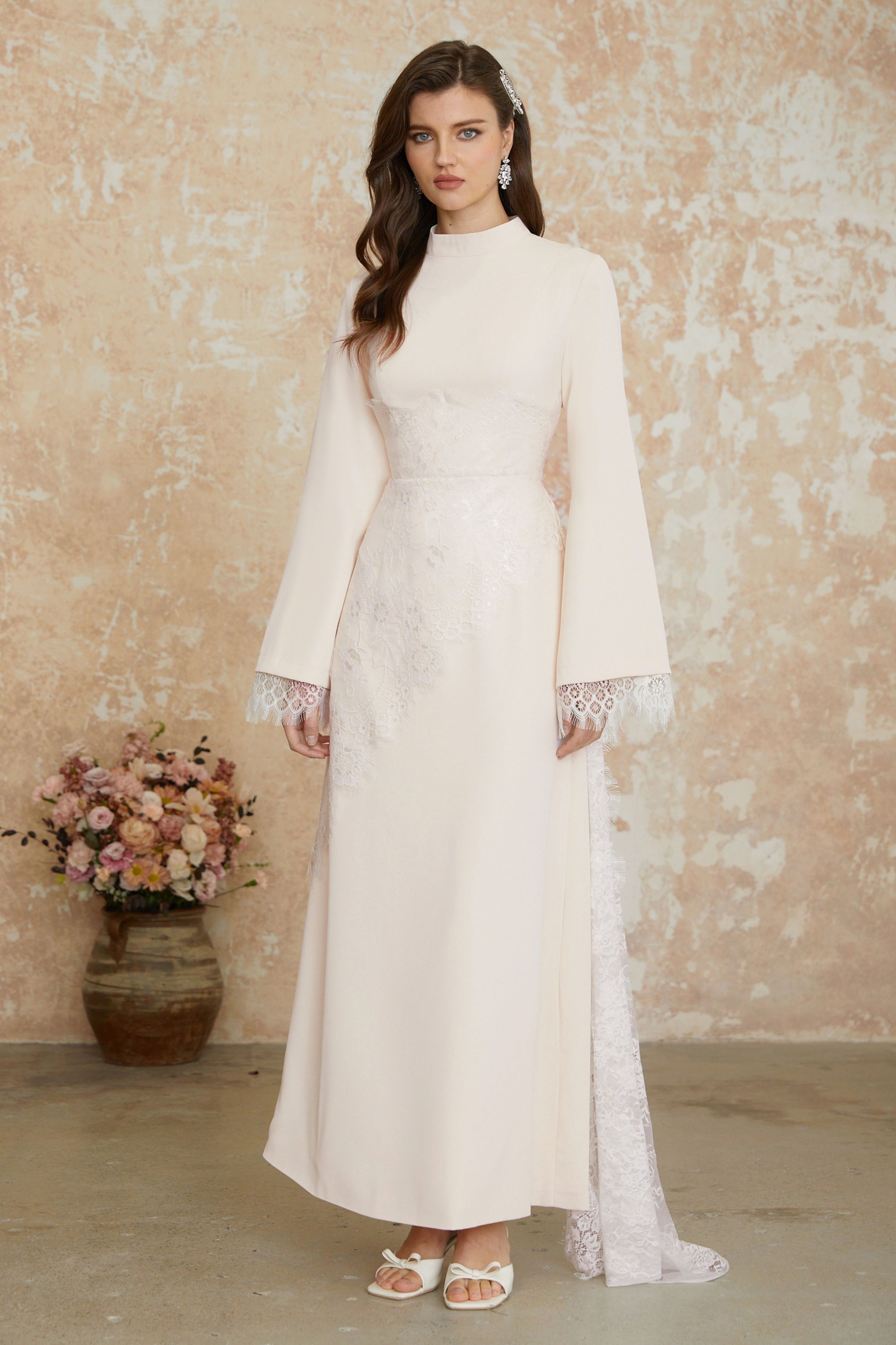 Elysia White Asymmetrical Floral Lace Maxi Dress