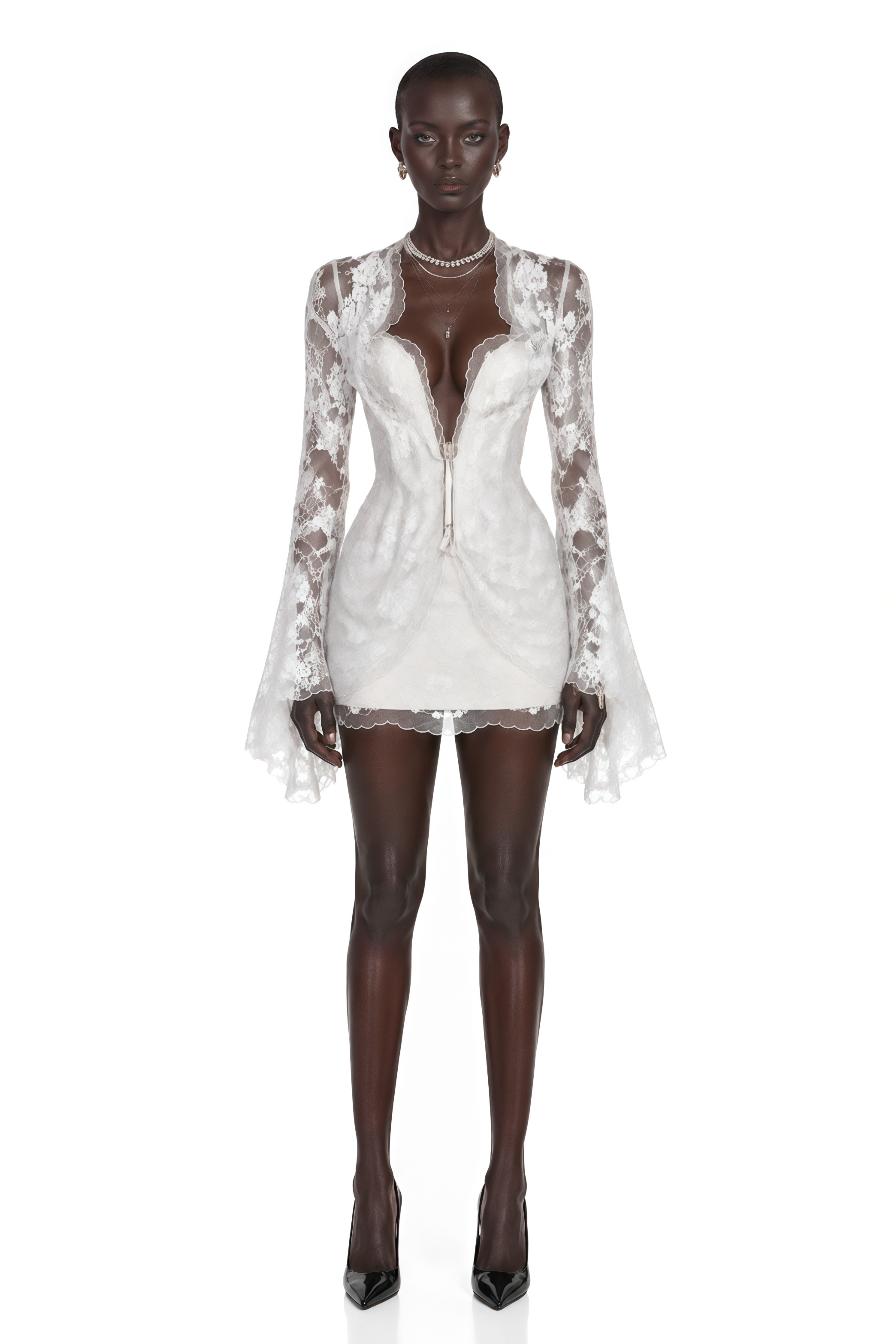 Emanuela White Plunge Neck Top & Skirt Set with Bell Sleeves