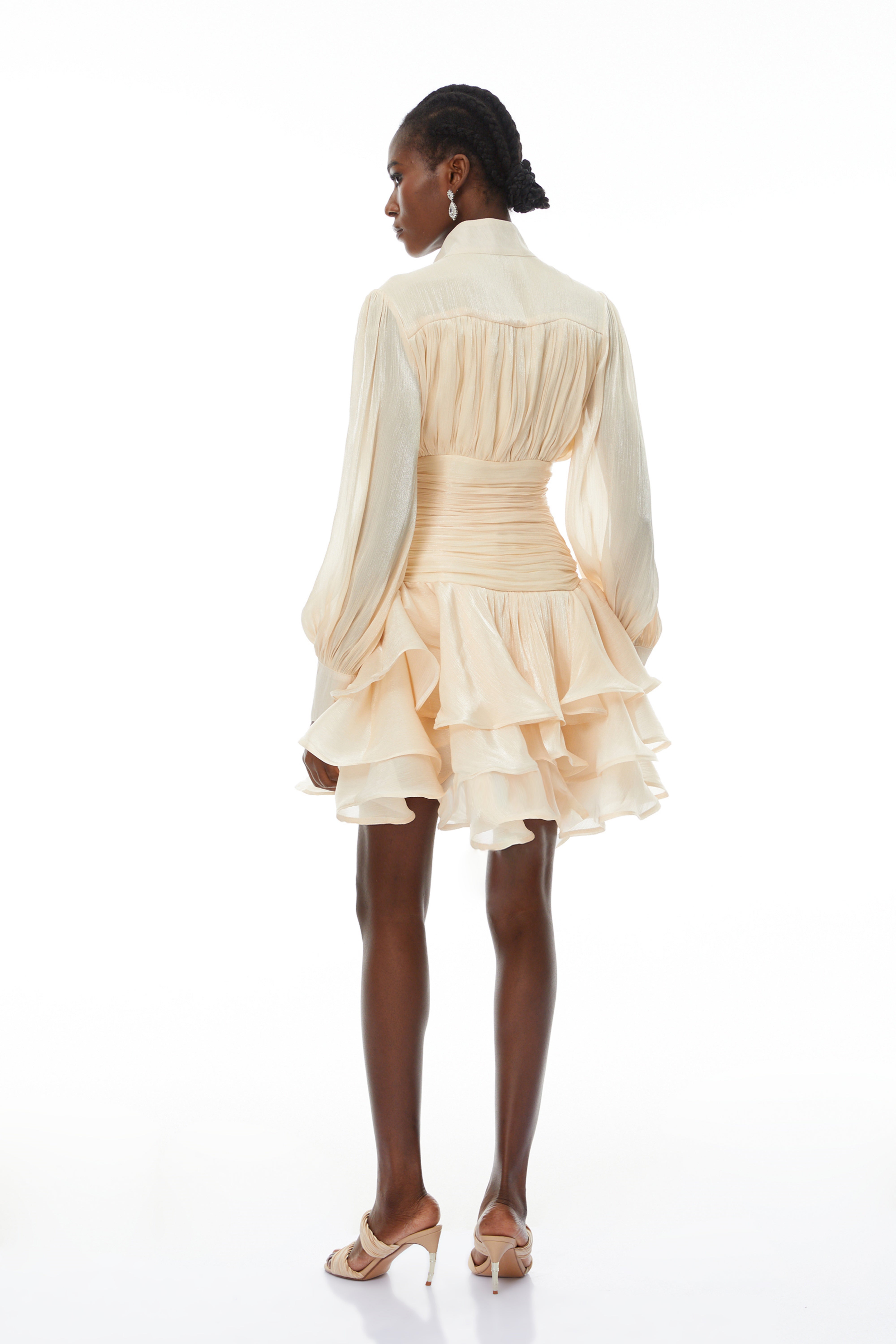 Emersyn Neutrals High-Neck Ruffled Detail Mini Dress