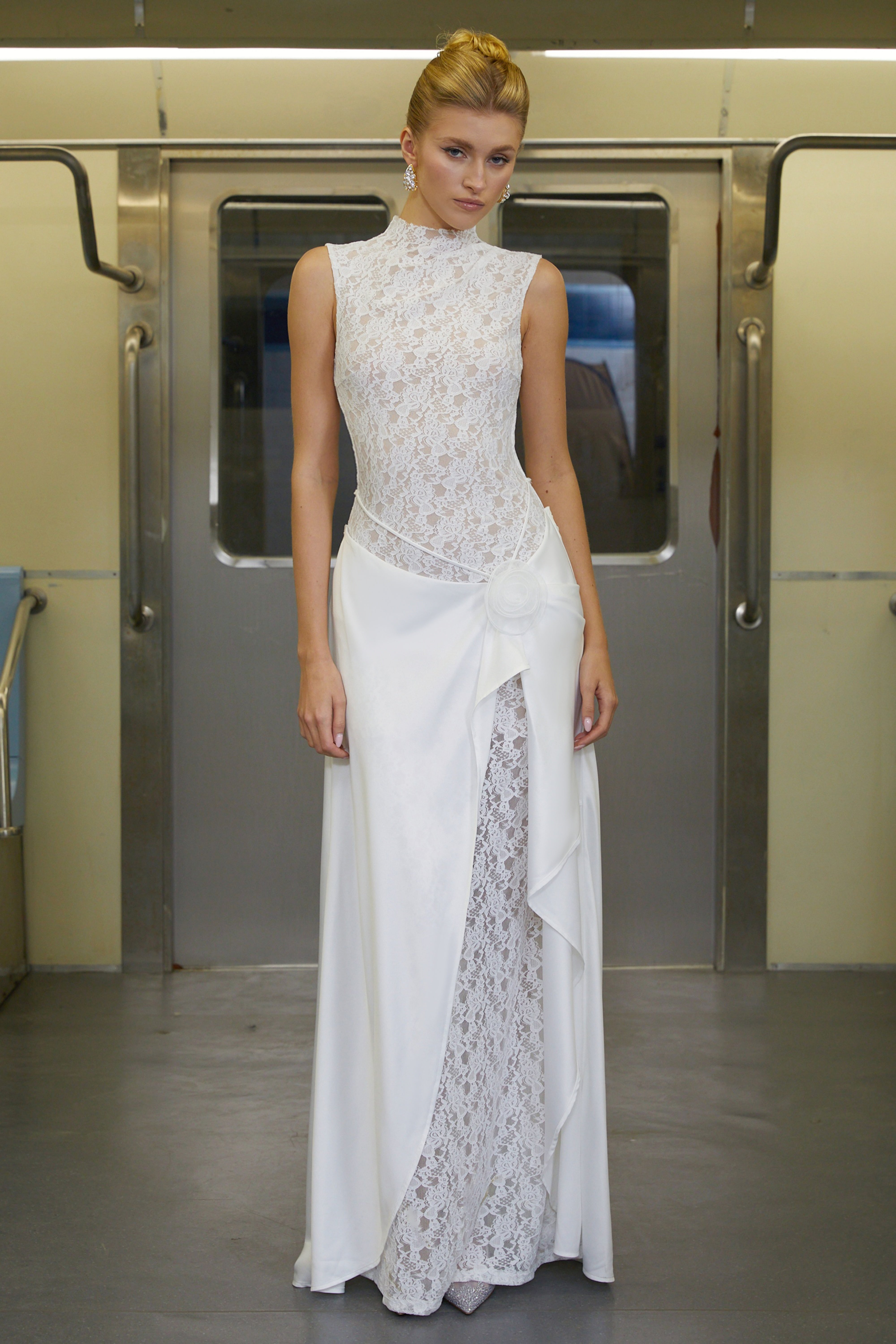 Emilia White Asymmetrical Floral Lace Maxi Dress