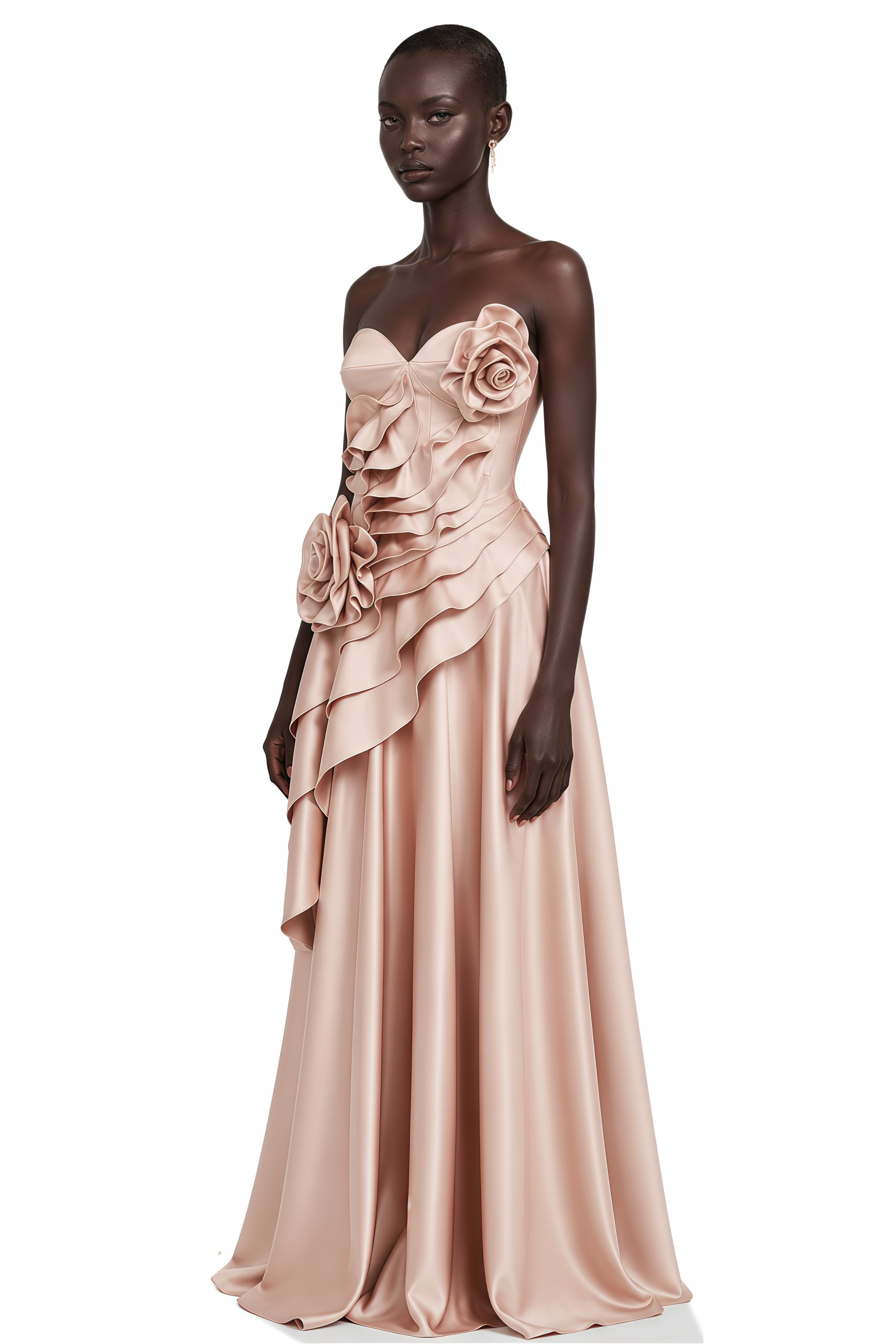 Robe longue asymétrique à volants Emine rose avec motifs floraux en 3D