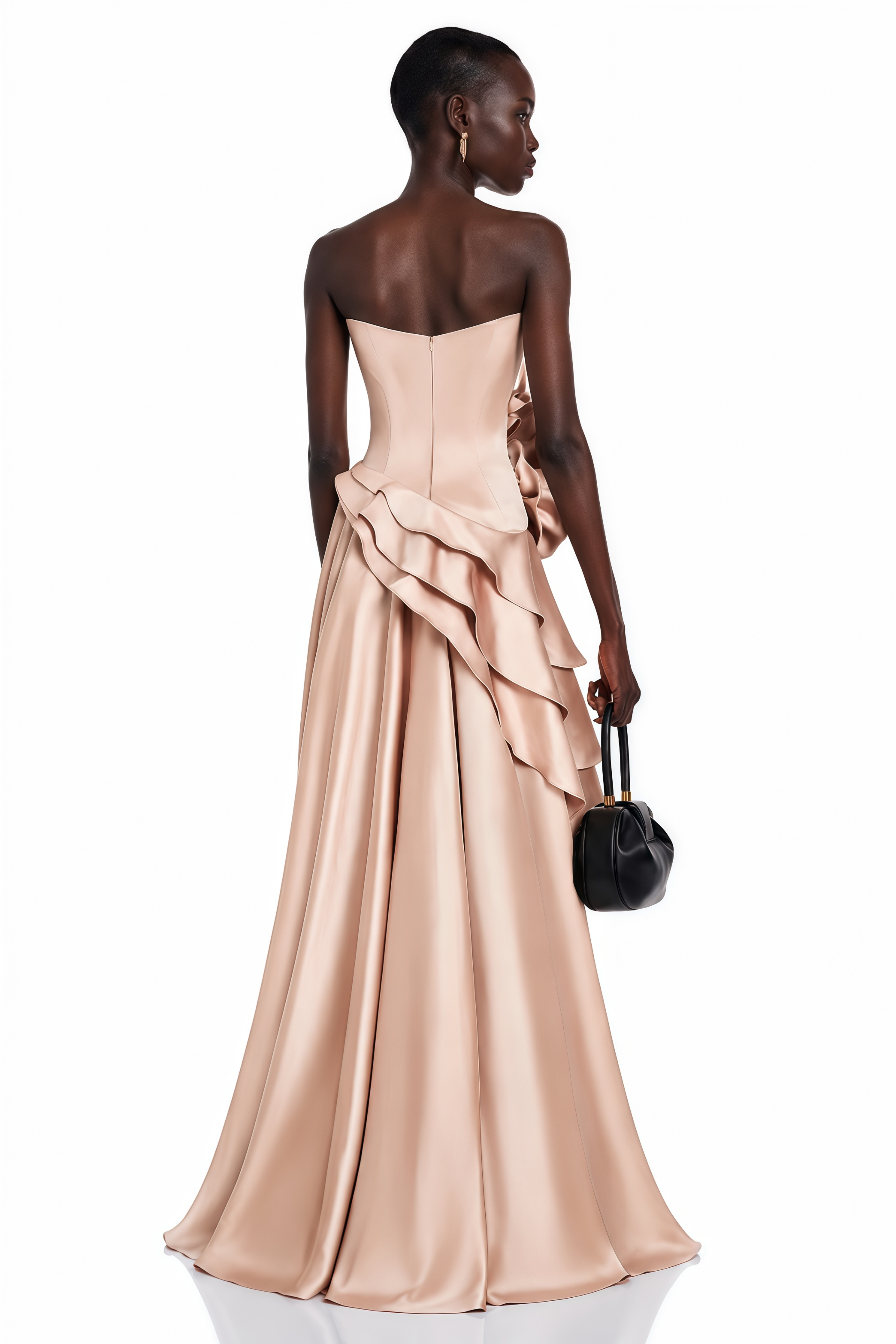 Robe longue asymétrique à volants Emine rose avec motifs floraux en 3D