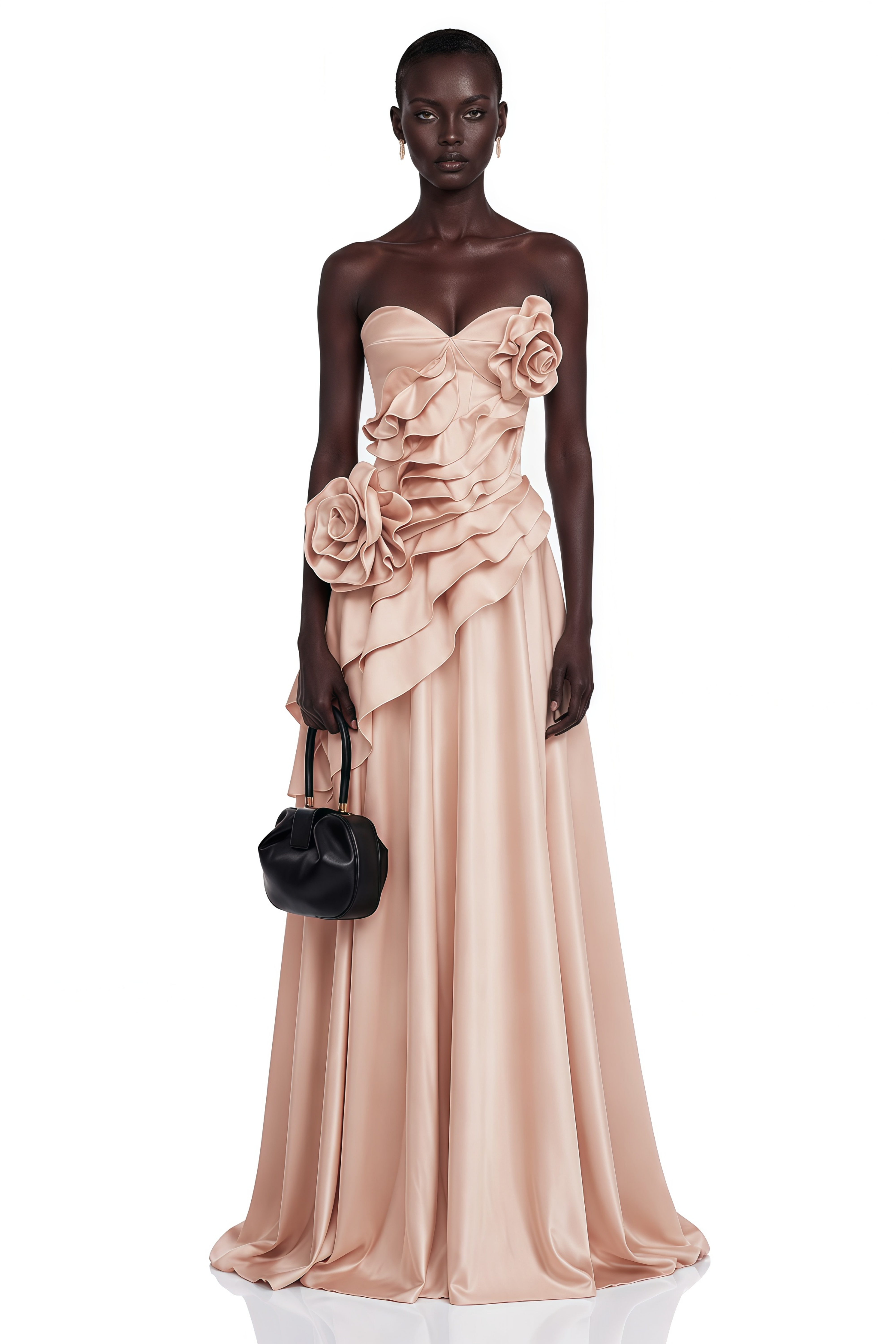 Robe longue asymétrique à volants Emine rose avec motifs floraux en 3D