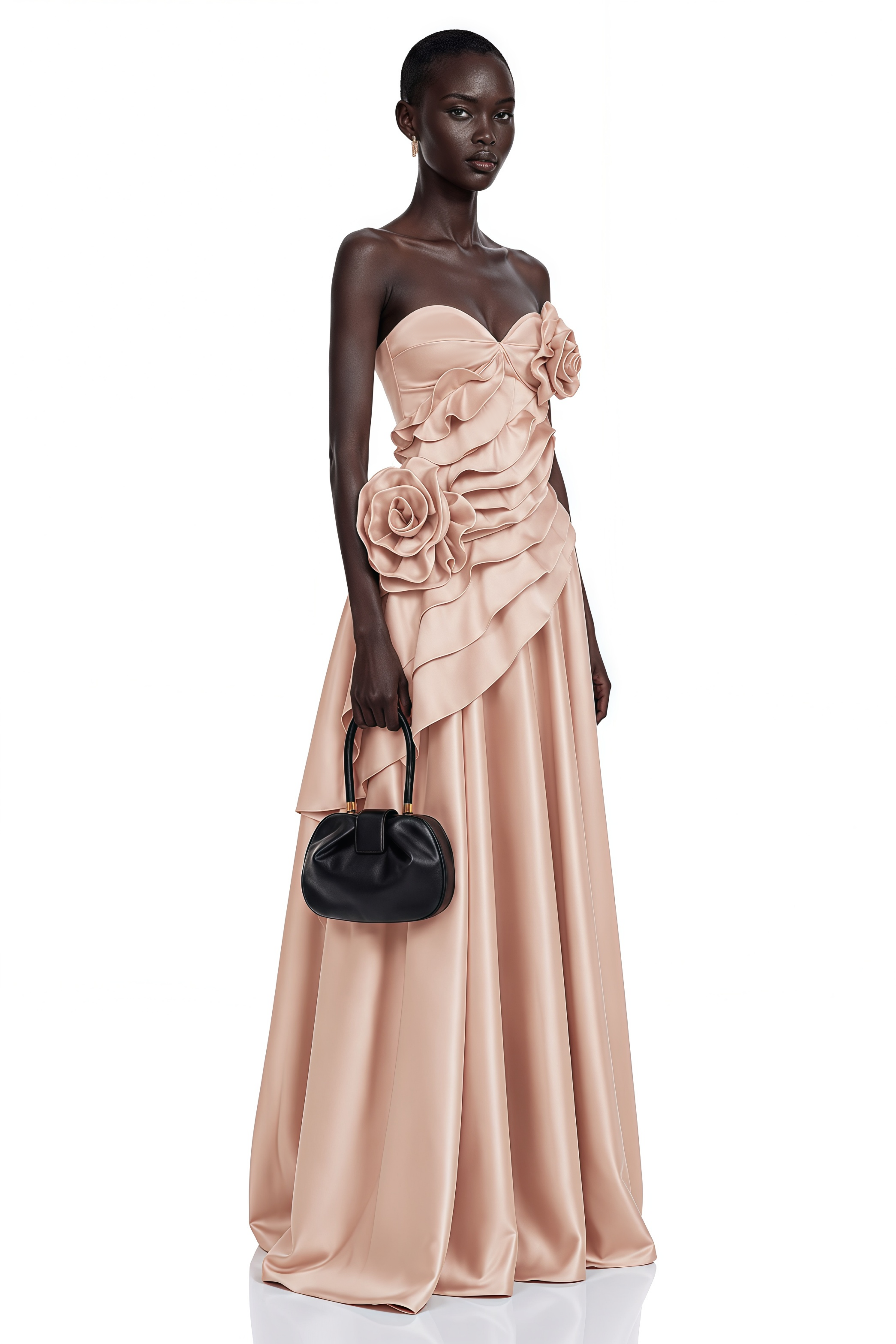 Robe longue asymétrique à volants Emine rose avec motifs floraux en 3D