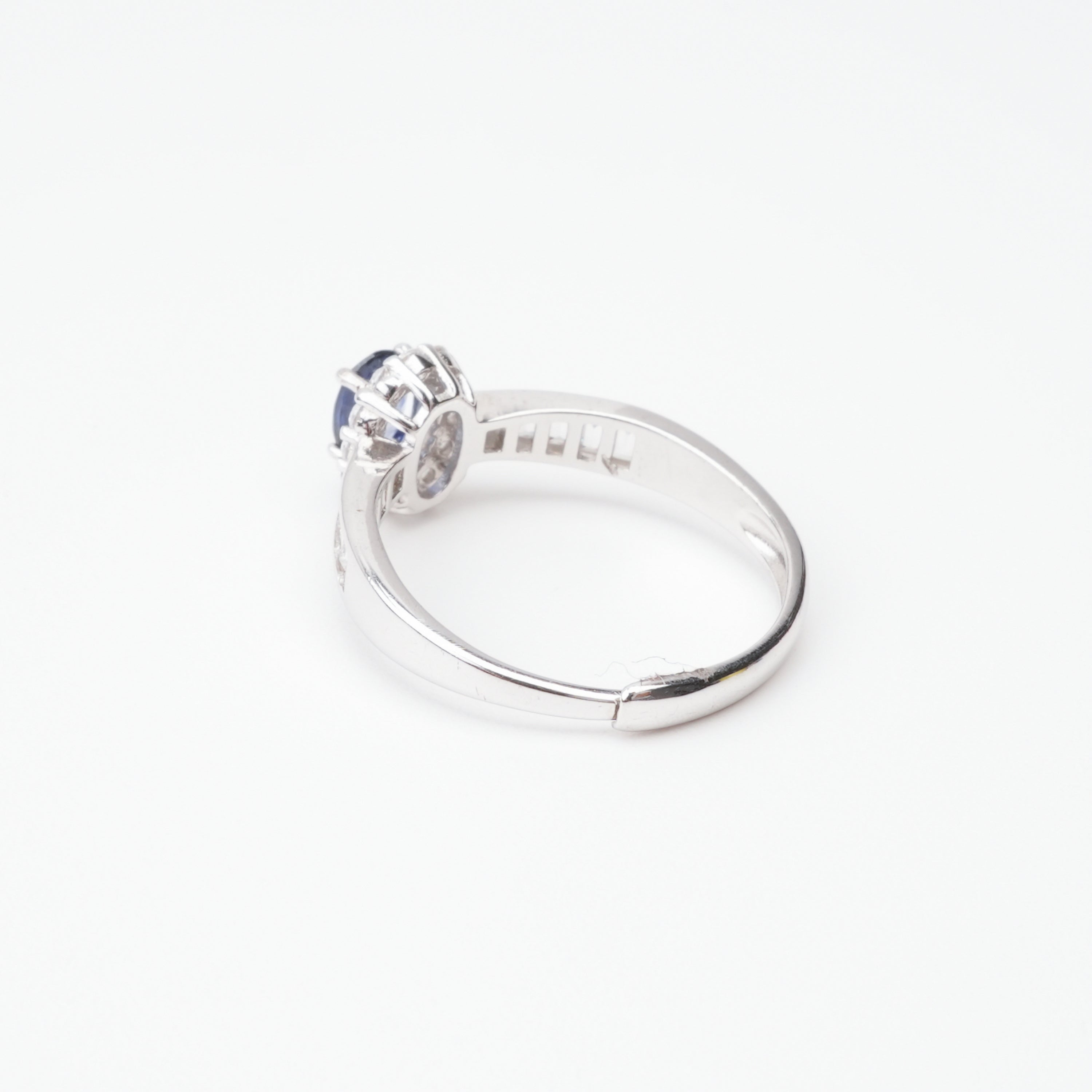Emma Blue Sapphire Oval Cut Halo Baguette Crystal Sterling Silver Ring