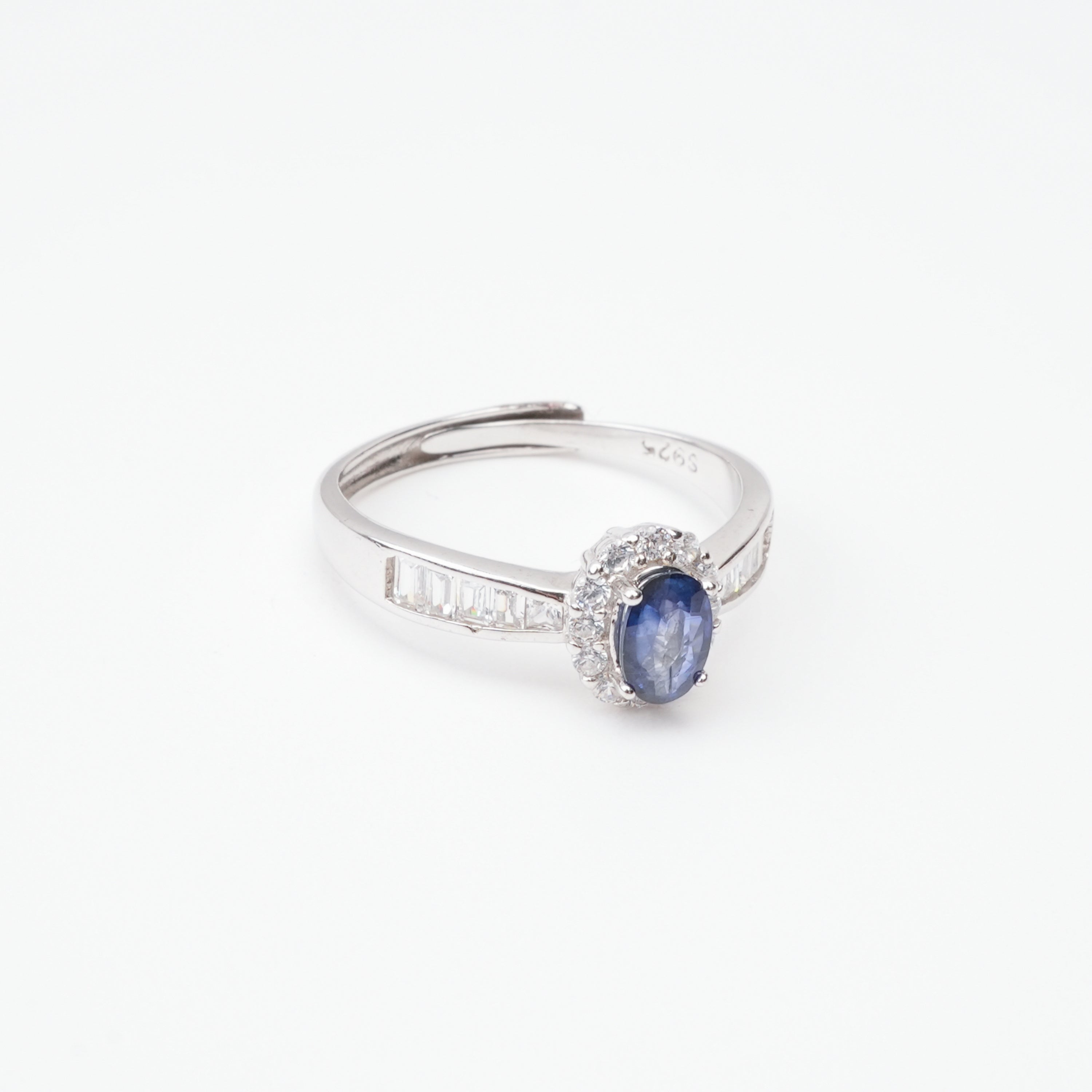 Emma Blue Sapphire Oval Cut Halo Baguette Crystal Sterling Silver Ring
