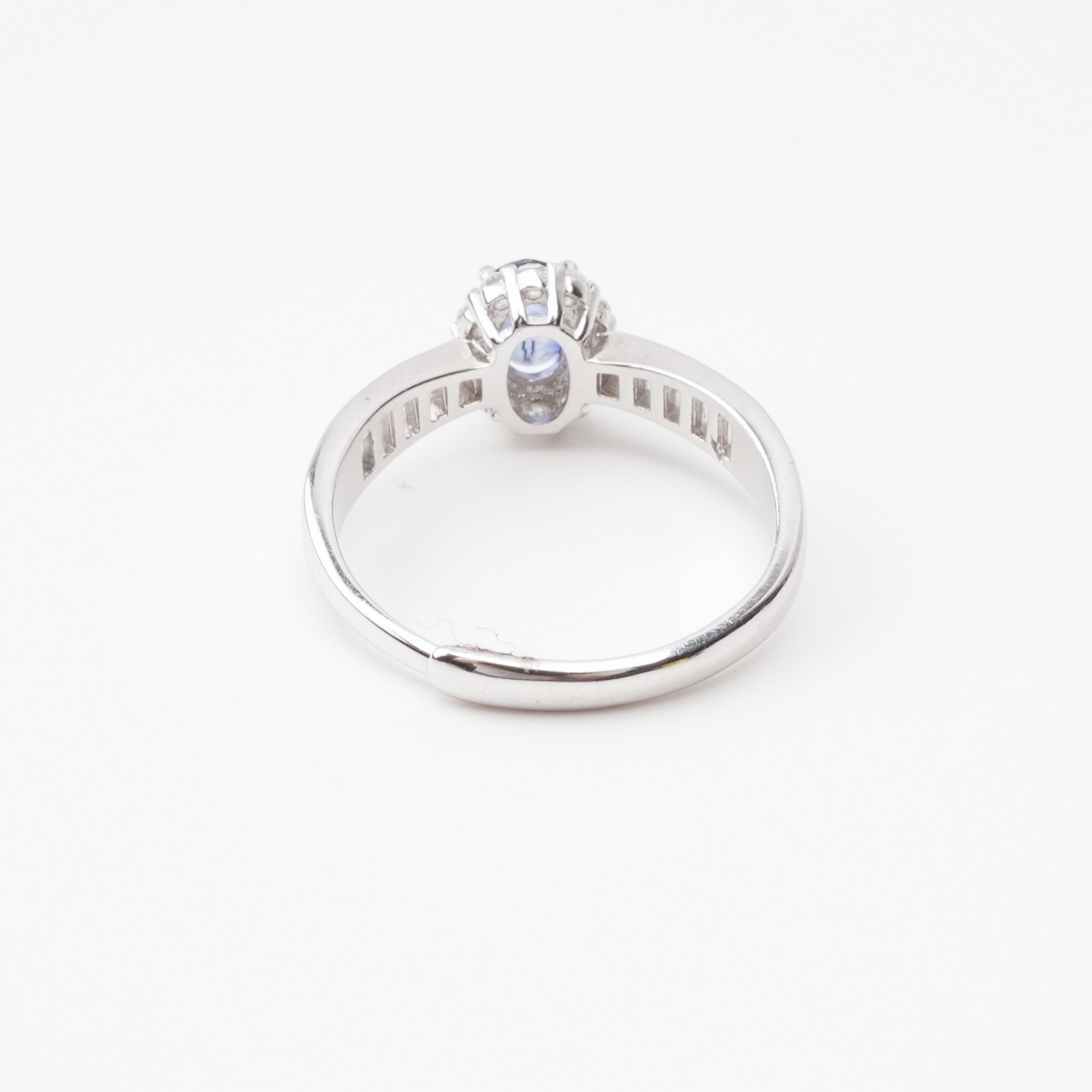 Emma Blue Sapphire Oval Cut Halo Baguette Crystal Sterling Silver Ring
