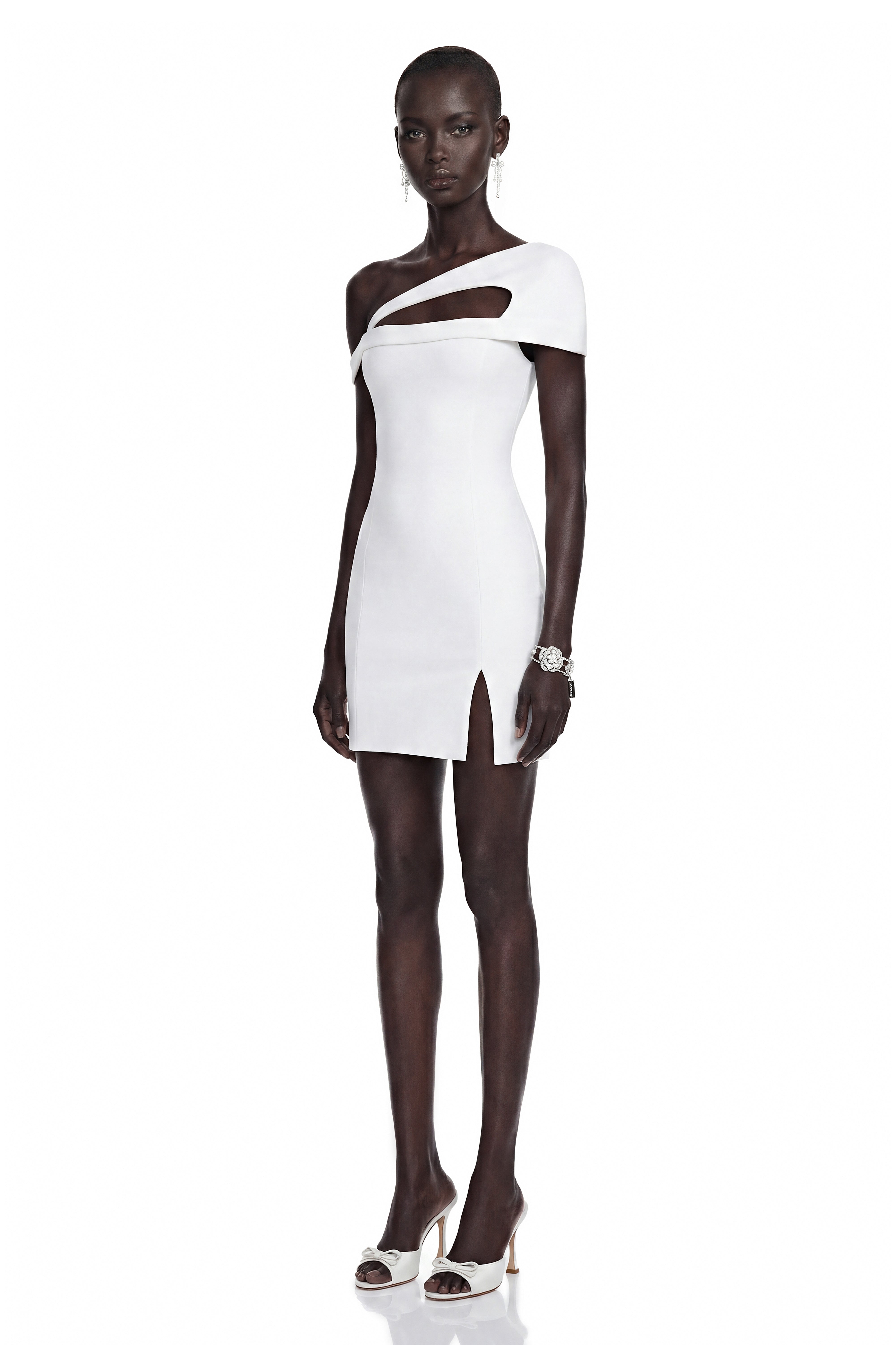 Emma White One Shoulder Cut-Out Mini Dress with Slit