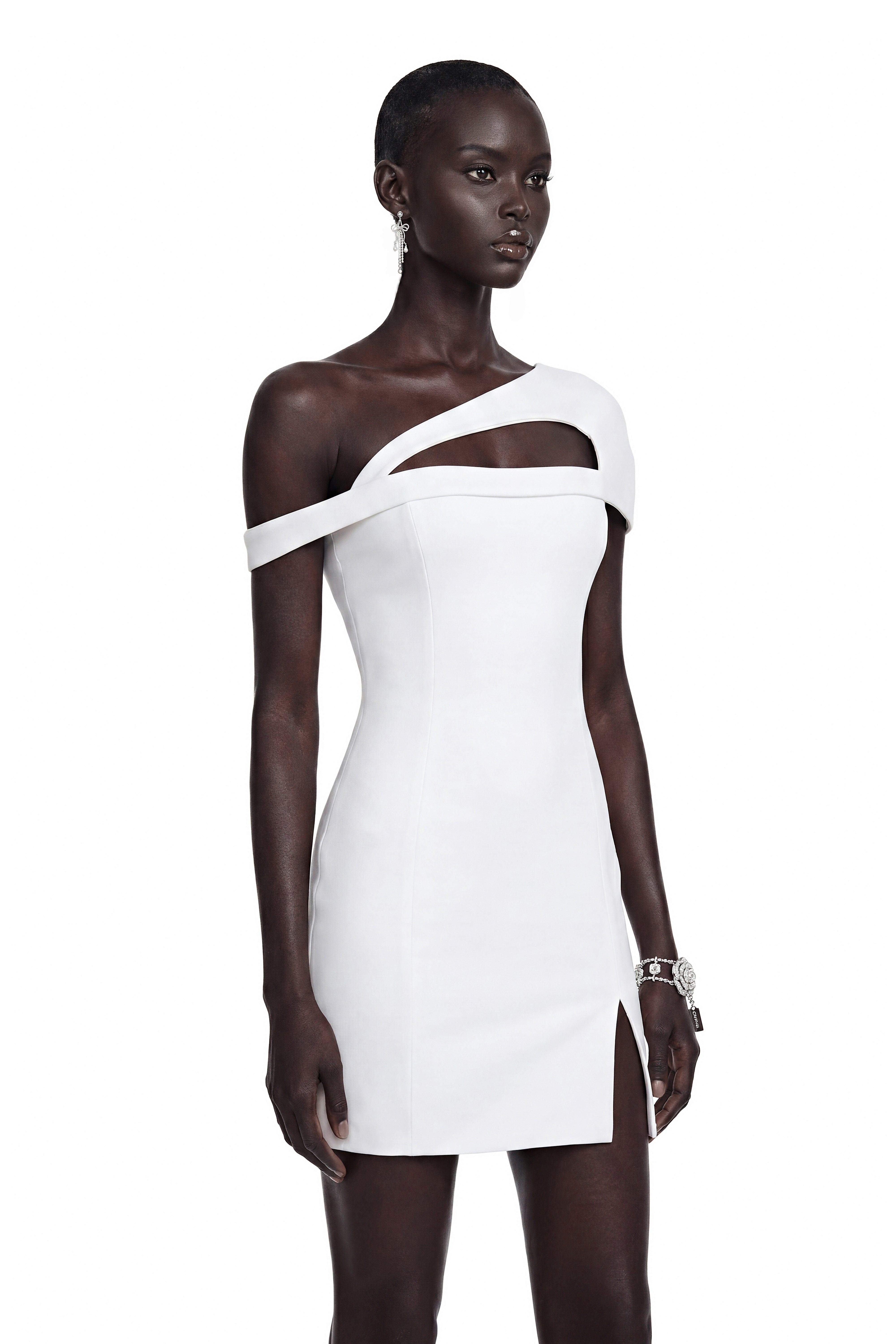 Emma White One Shoulder Cut-Out Mini Dress with Slit