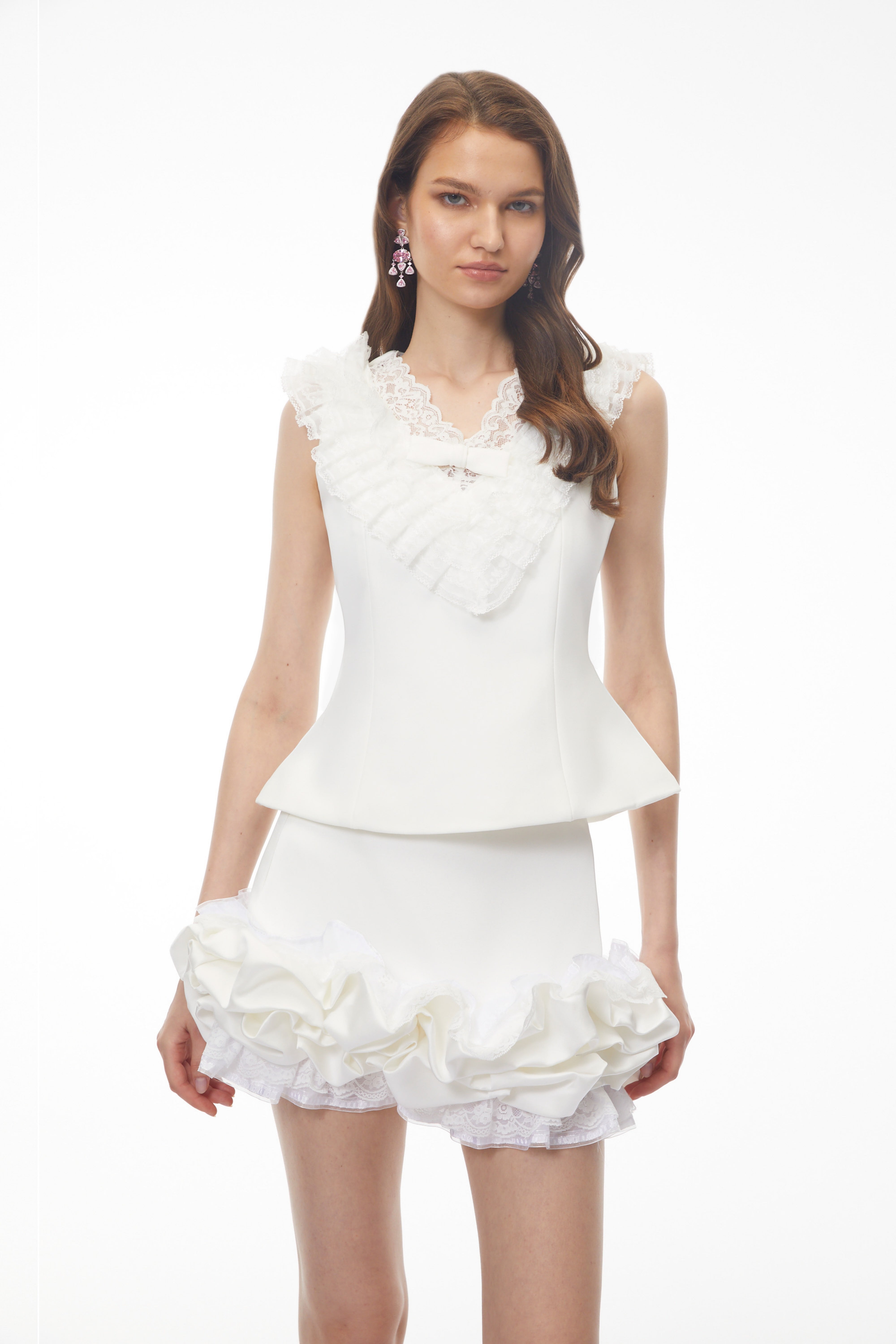 Emmeline White V-Neck Top & Ruffled Skirt Set