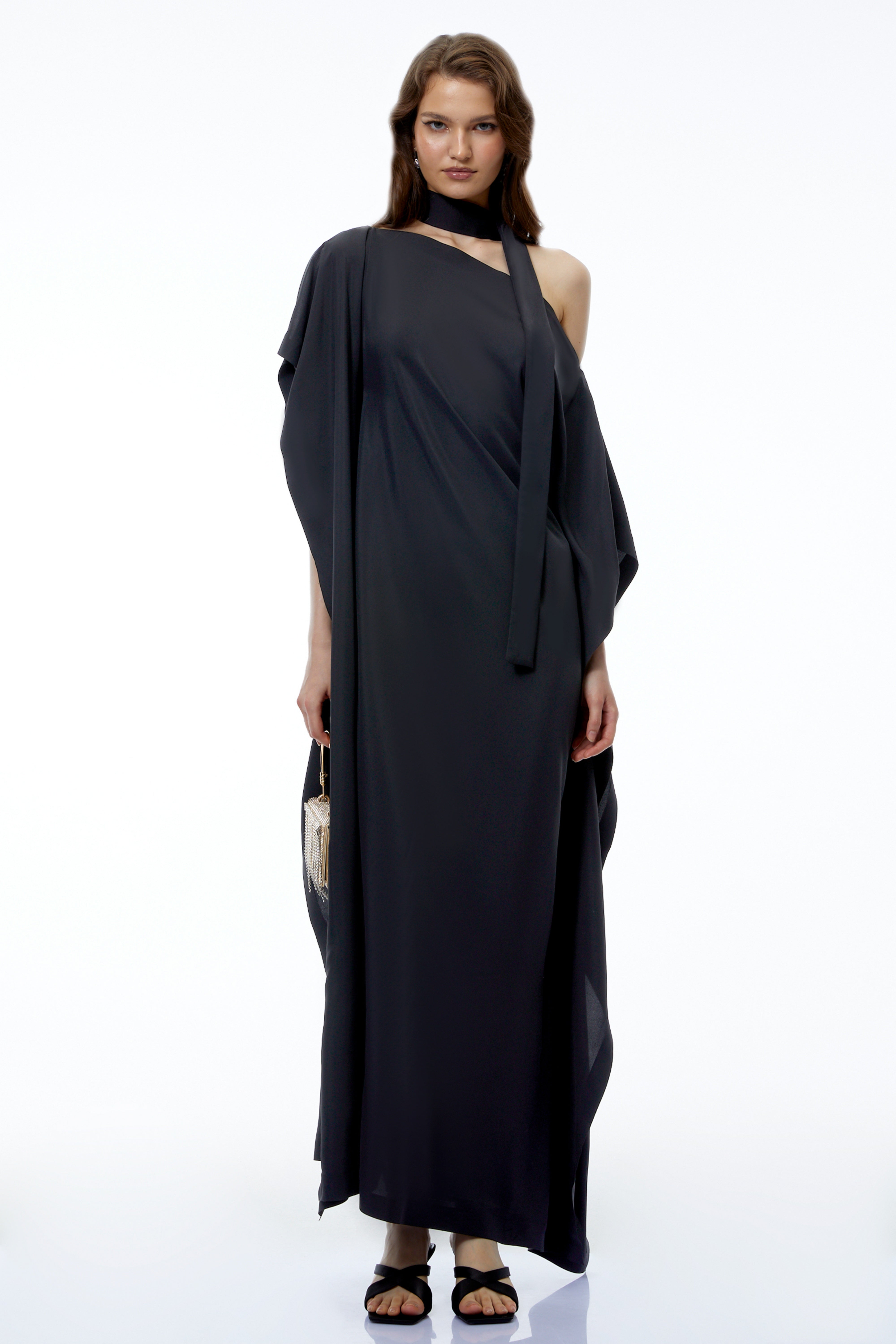 Esme Black Pleated Maxi Dress with Split Sleeves