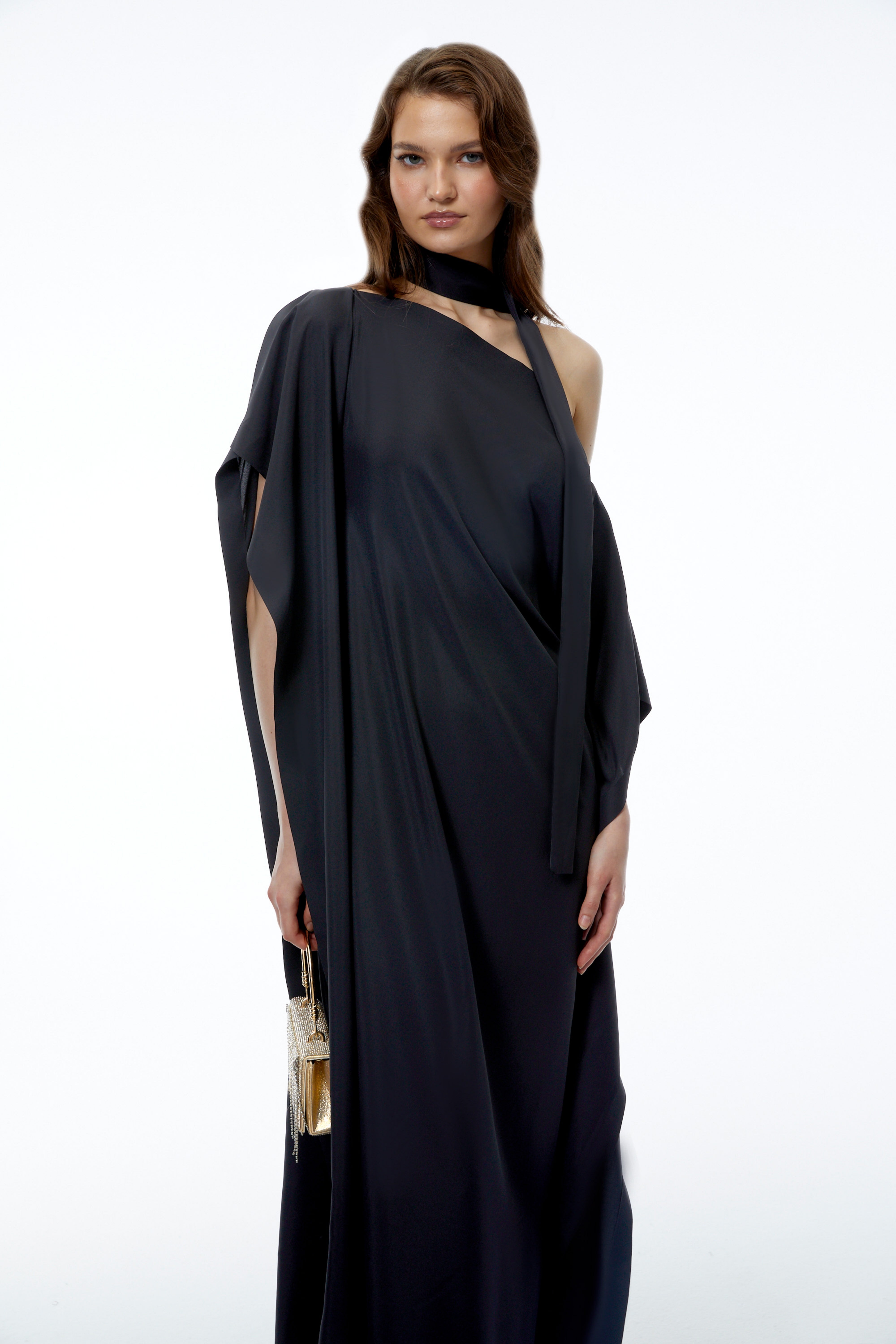 Esme Black Pleated Maxi Dress with Split Sleeves