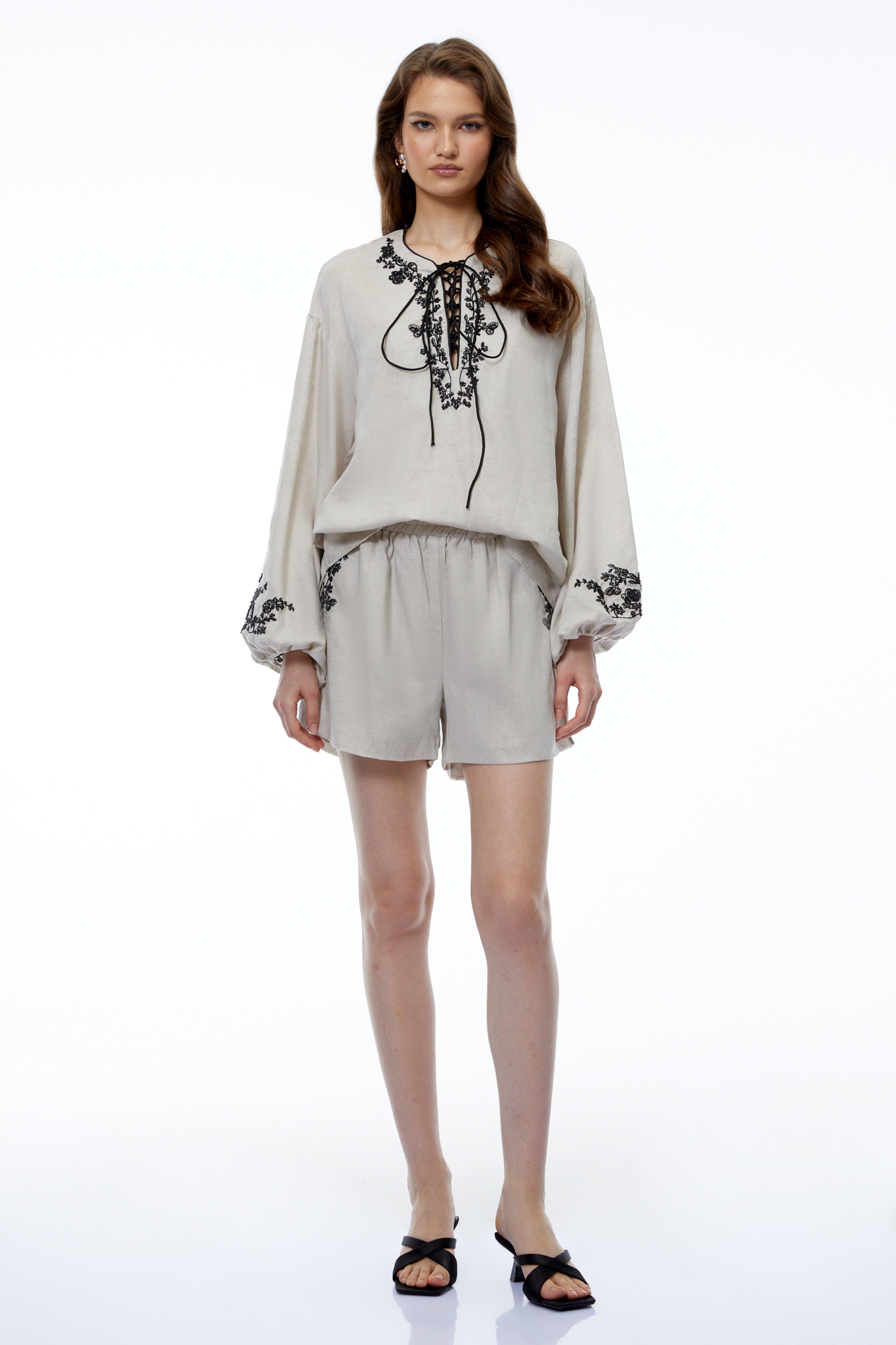 Estelle Grey Linen Floral Applique Top & Shorts Set