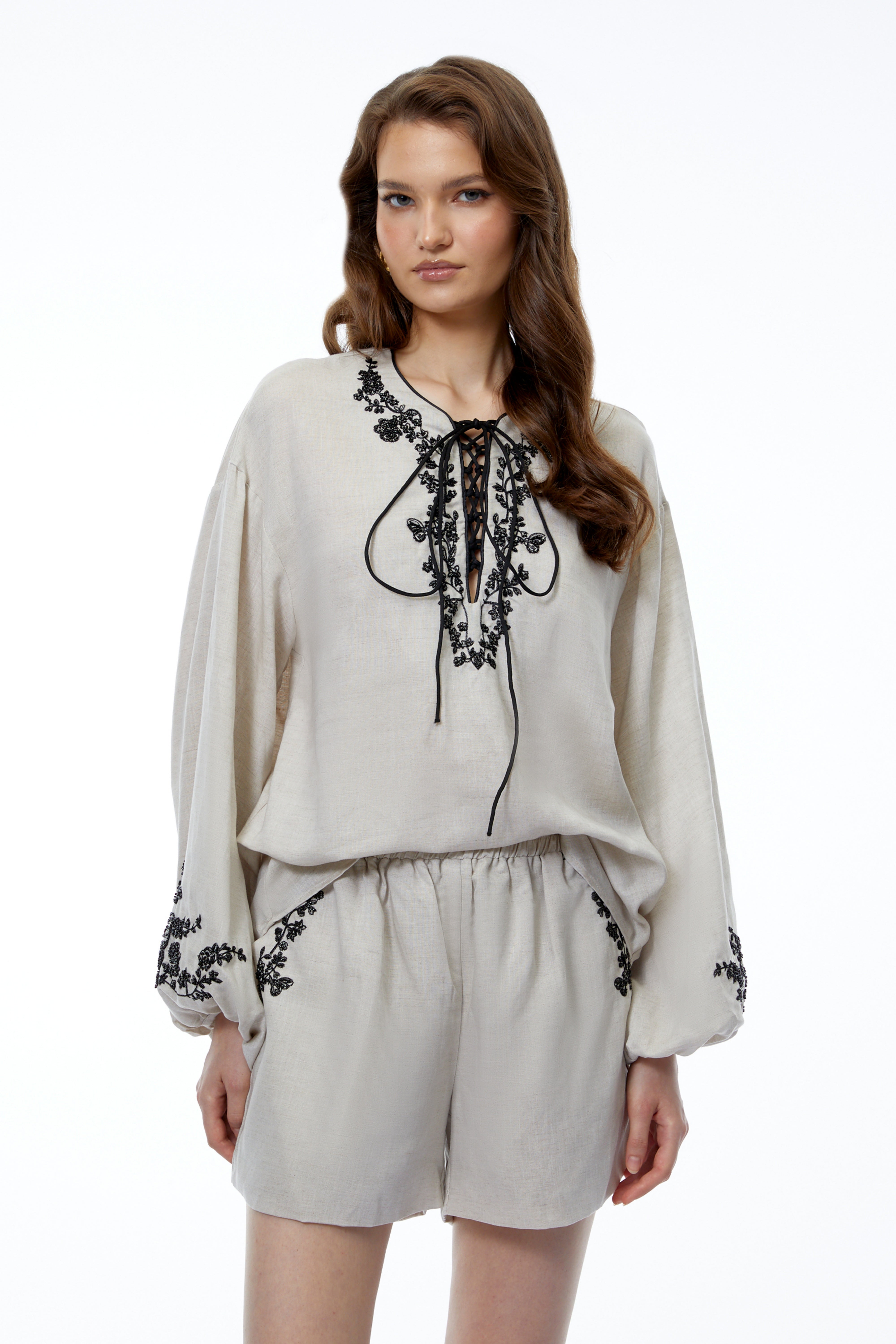 Estelle Grey Linen Floral Applique Top & Shorts Set