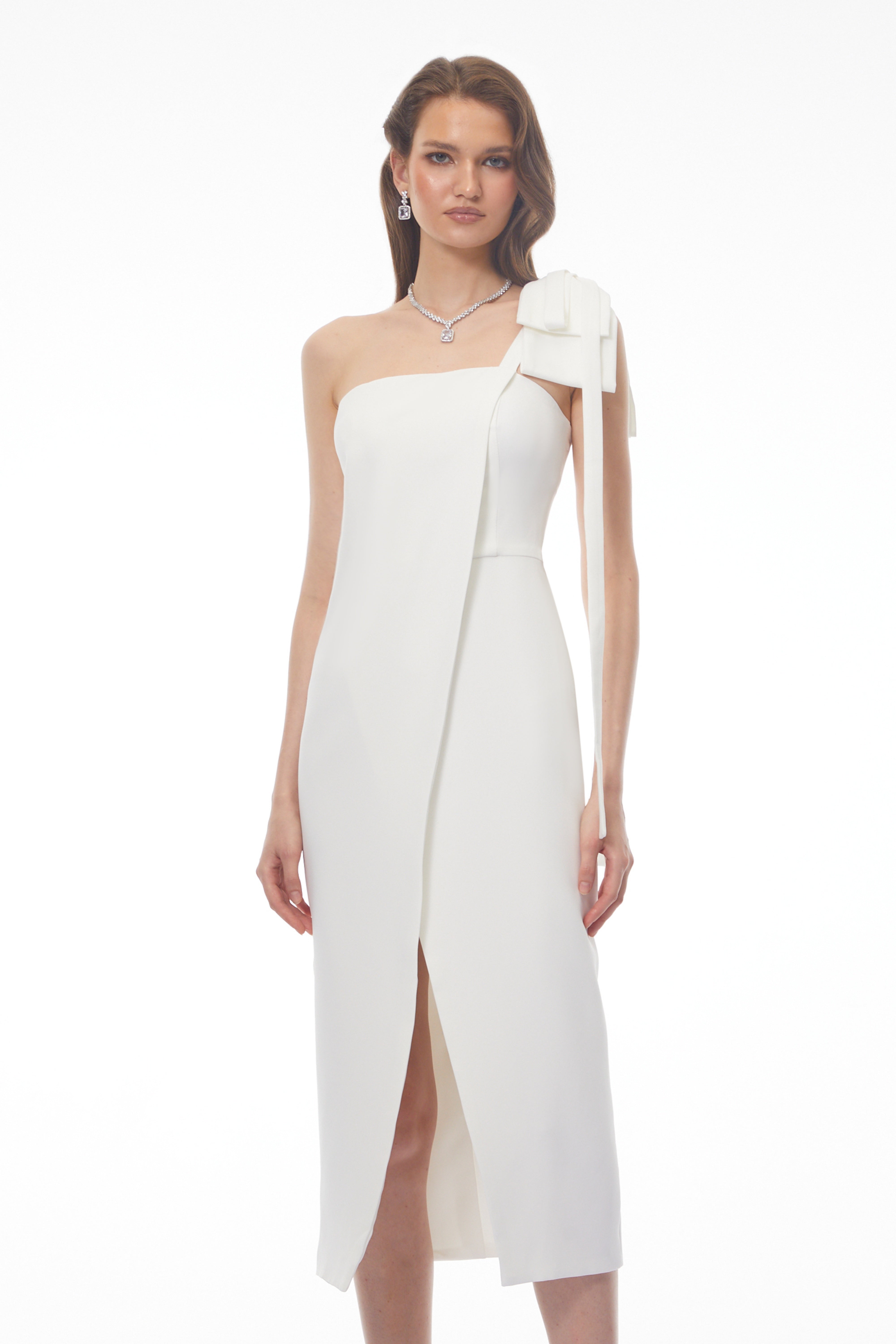 Estelle White Off Shoulder Satin Midi Dress with Bow
